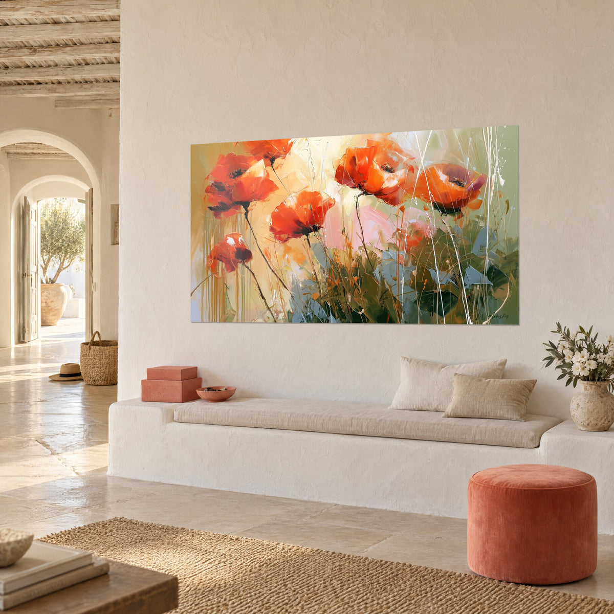 Tableau champ de pavots écarlates aux cœurs noirs, touches roses et gris-bleu, vu de trois-quarts au-dessus d'une banquette blanche