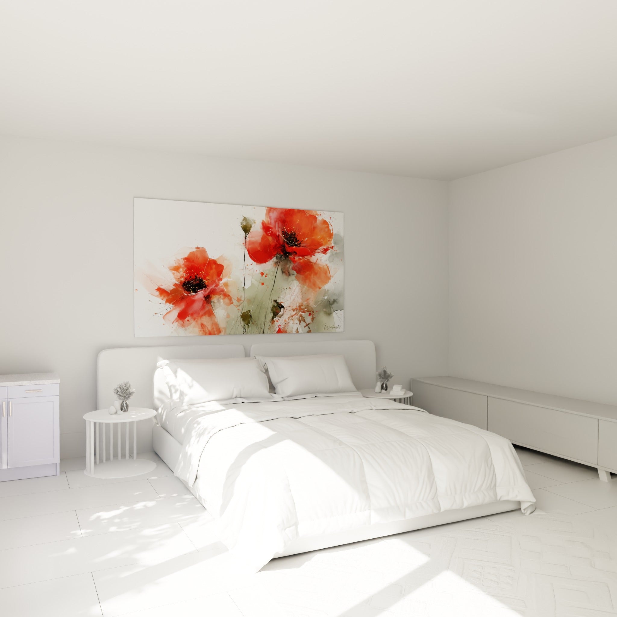 Pétales rouges et tiges vertes du coquelicot en aquarelle, accrochés au-dessus d'un lit dans une chambre claire
