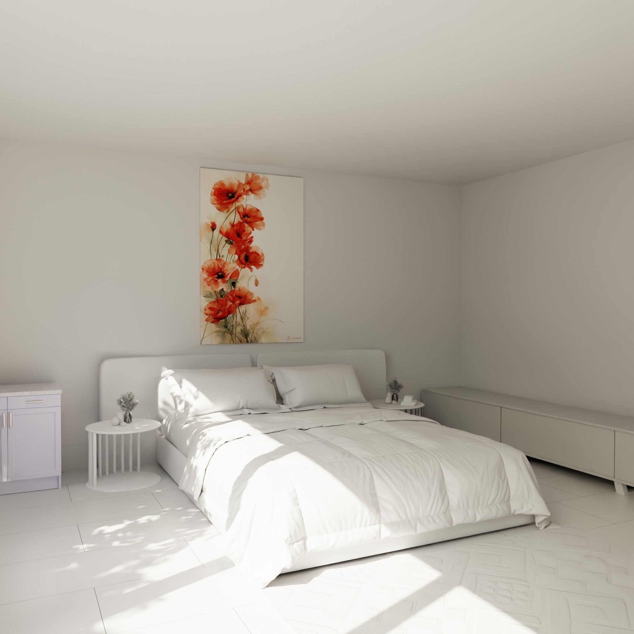 Bouquet de coquelicots rouges et terracotta aux tiges vert sauge, au-dessus d'un lit dans une chambre claire