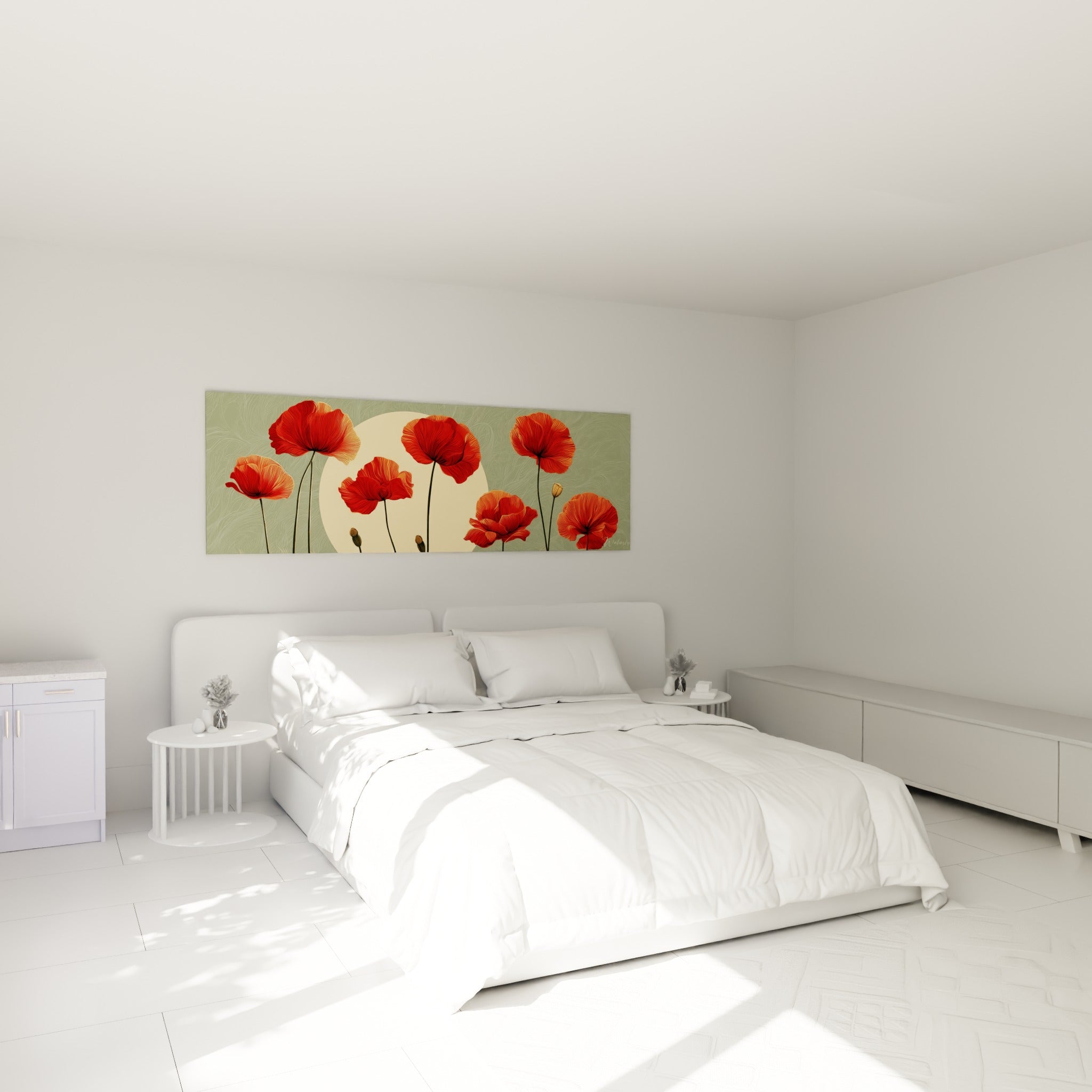 Fleurs de coquelicot rouge et orangé sur fond sauge, au-dessus d'un lit dans une chambre claire