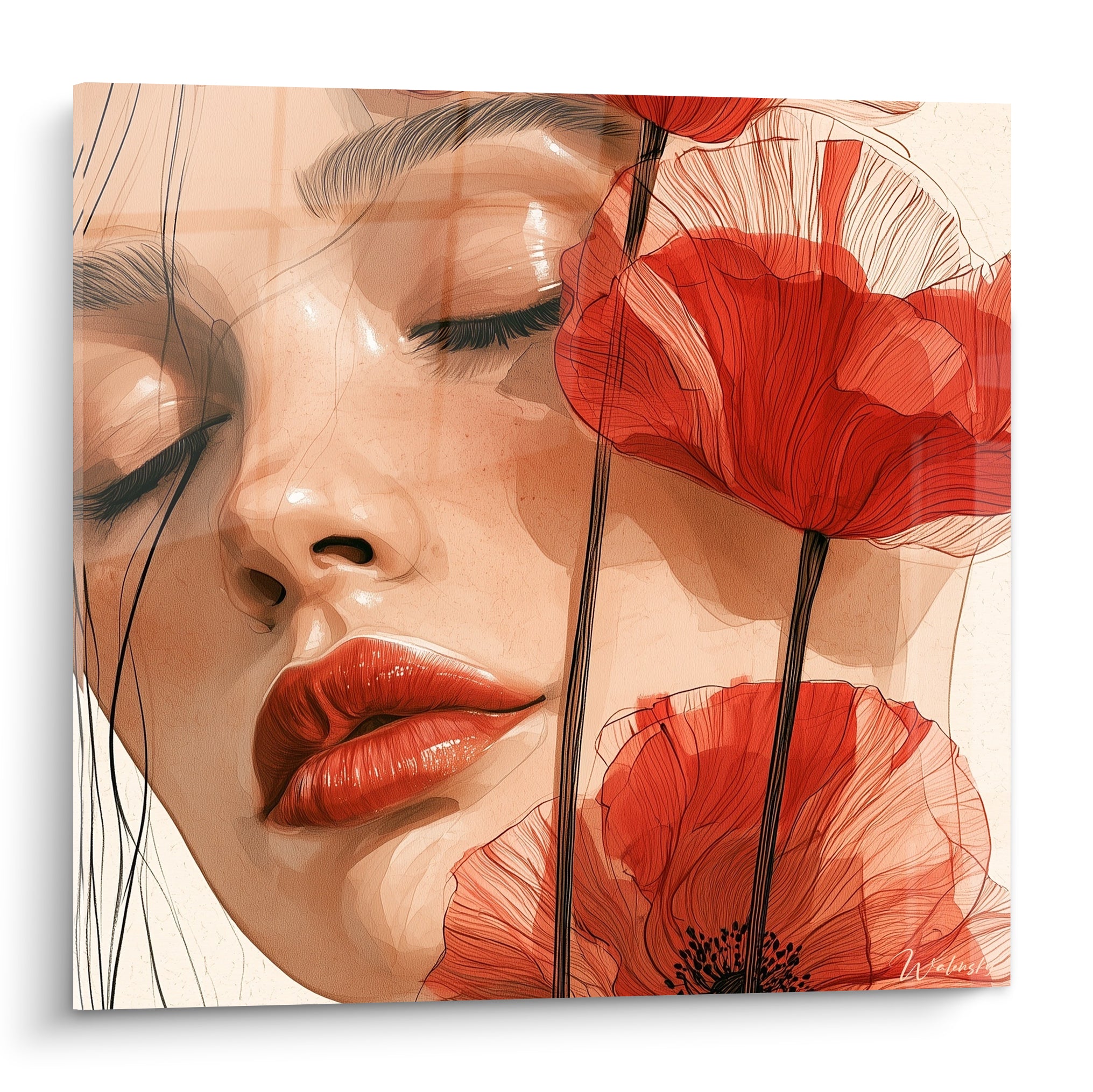 Visage aux yeux clos entouré de coquelicots rouge vif sur fond beige, style aquarelle et encre.