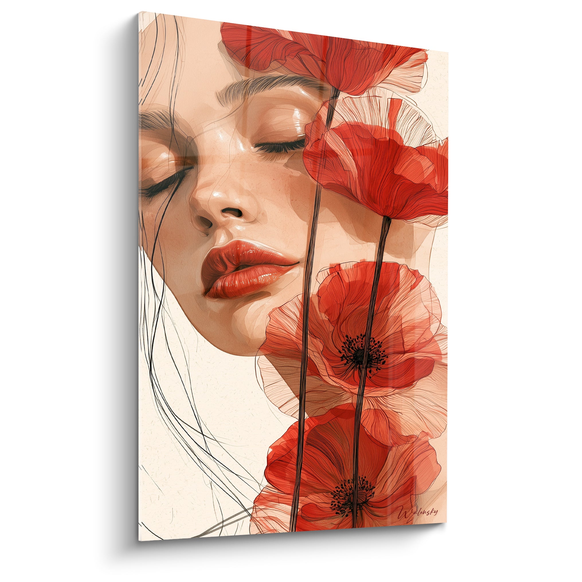 Coquelicot : visage féminin aux yeux clos entouré de fleurs rouges et beige sur fond crème