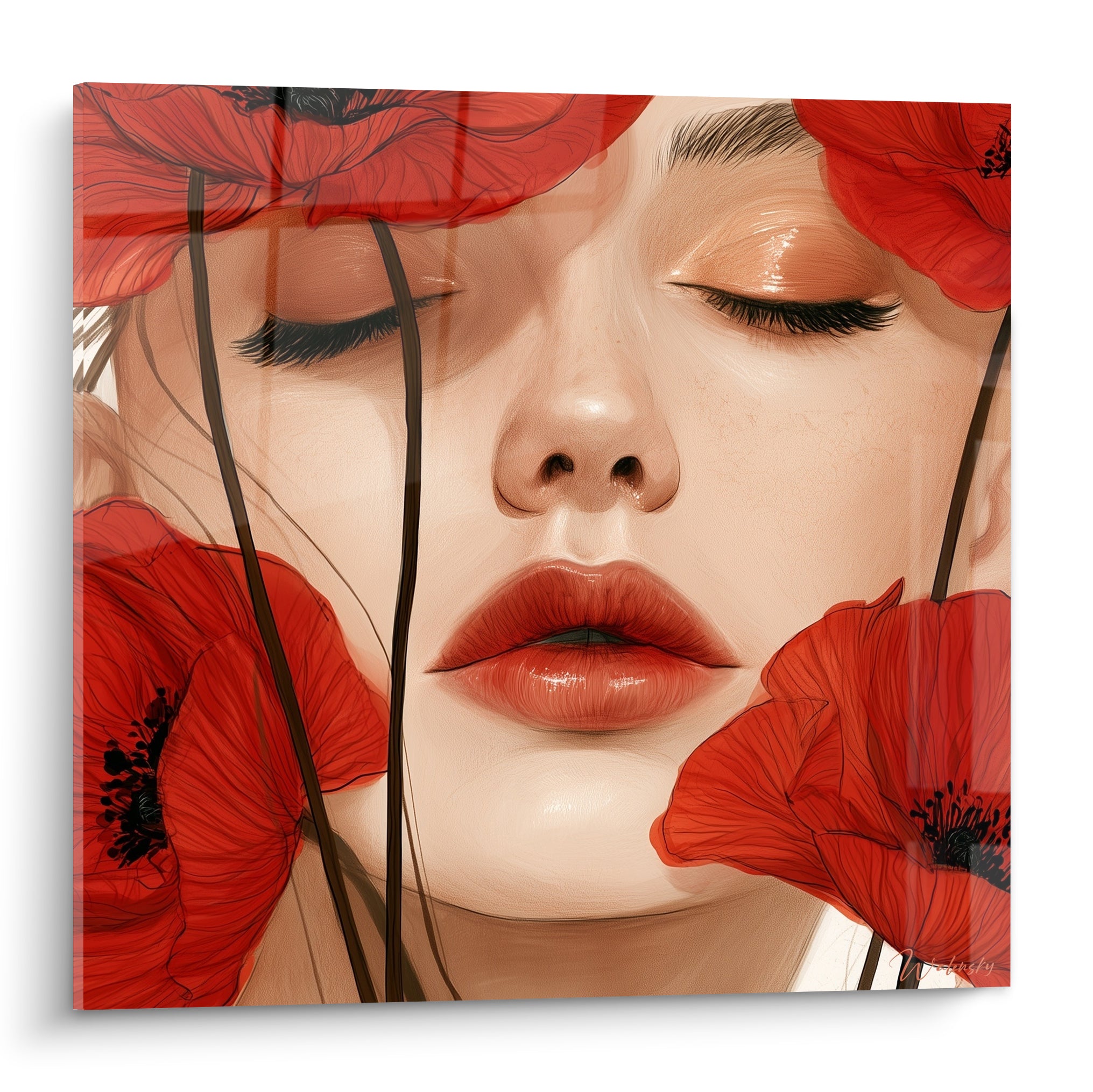 Visage aux yeux clos entouré de coquelicots rouge vif et lèvres terracotta, style illustratif détaillé