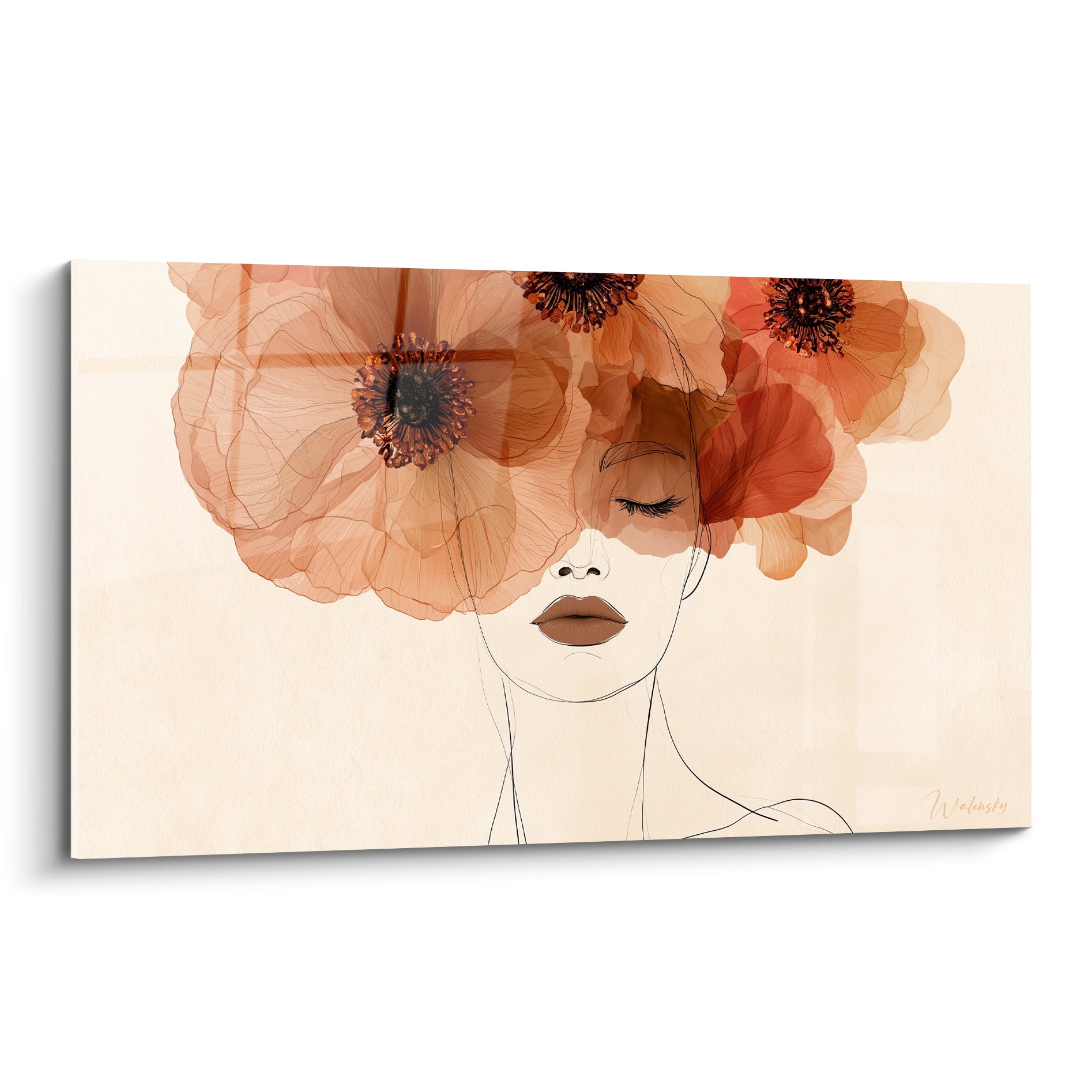 Coquelicot terracotta et ocre encadrant un visage esquissé aux yeux clos sur fond beige clair
