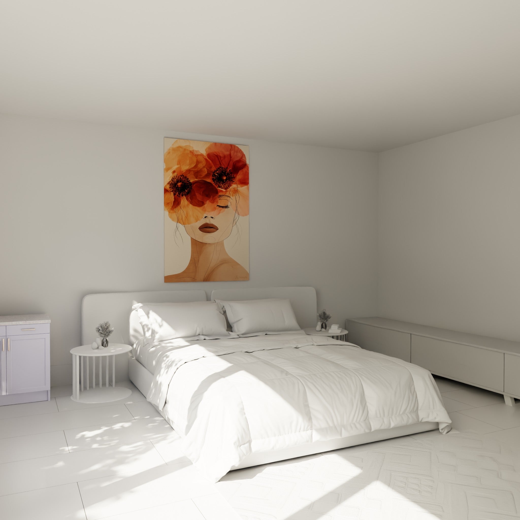 Femme aux coquelicots orange et bruns yeux fermés, au-dessus d'un lit dans une chambre claire