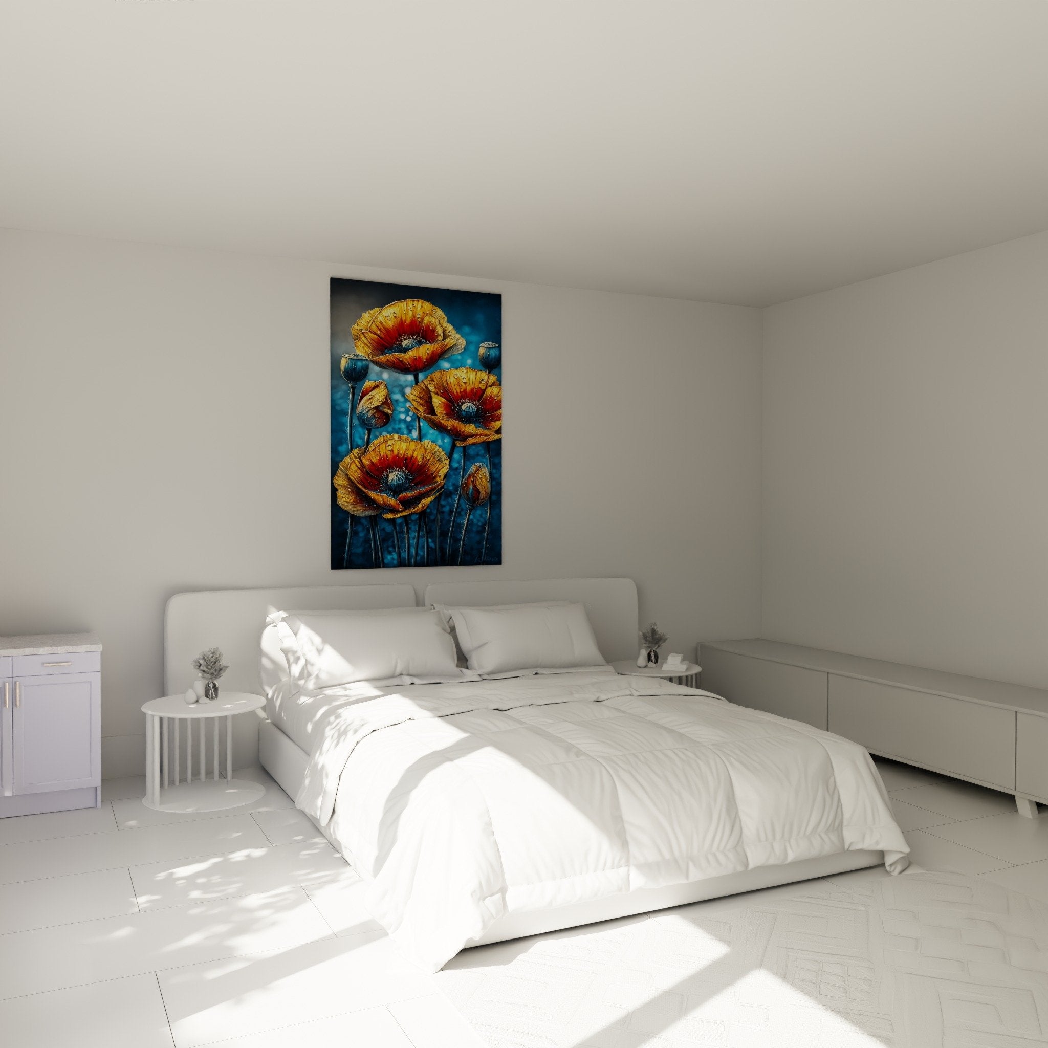 Decoration murale coquelicots dores dans chambre moderne ambiance chaleureuse