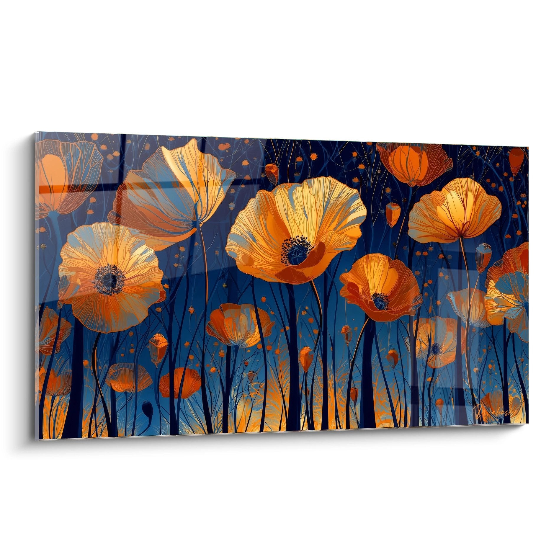Tableau moderne coquelicots orange stylisés sur fond bleu marine avec particules dorées