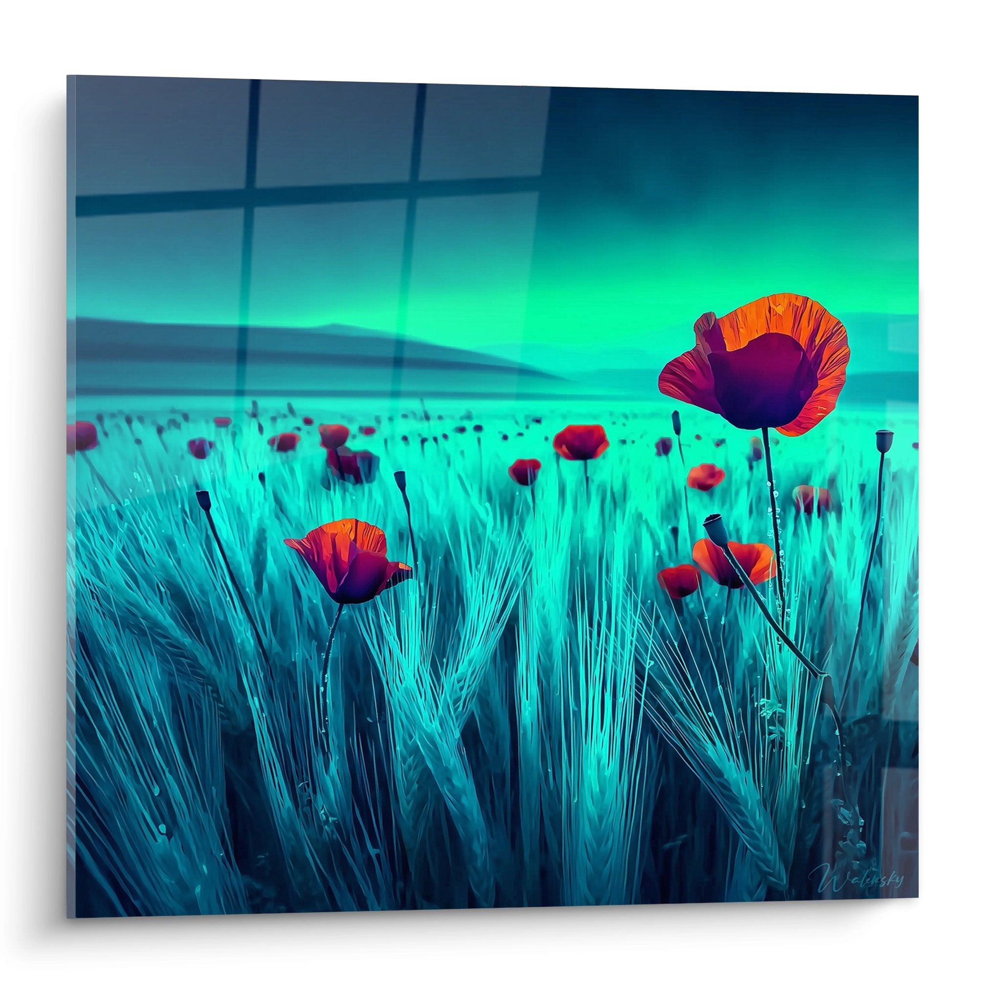 Decorative wall art red orange poppy field turquoise meadow contemporary nature surrealist