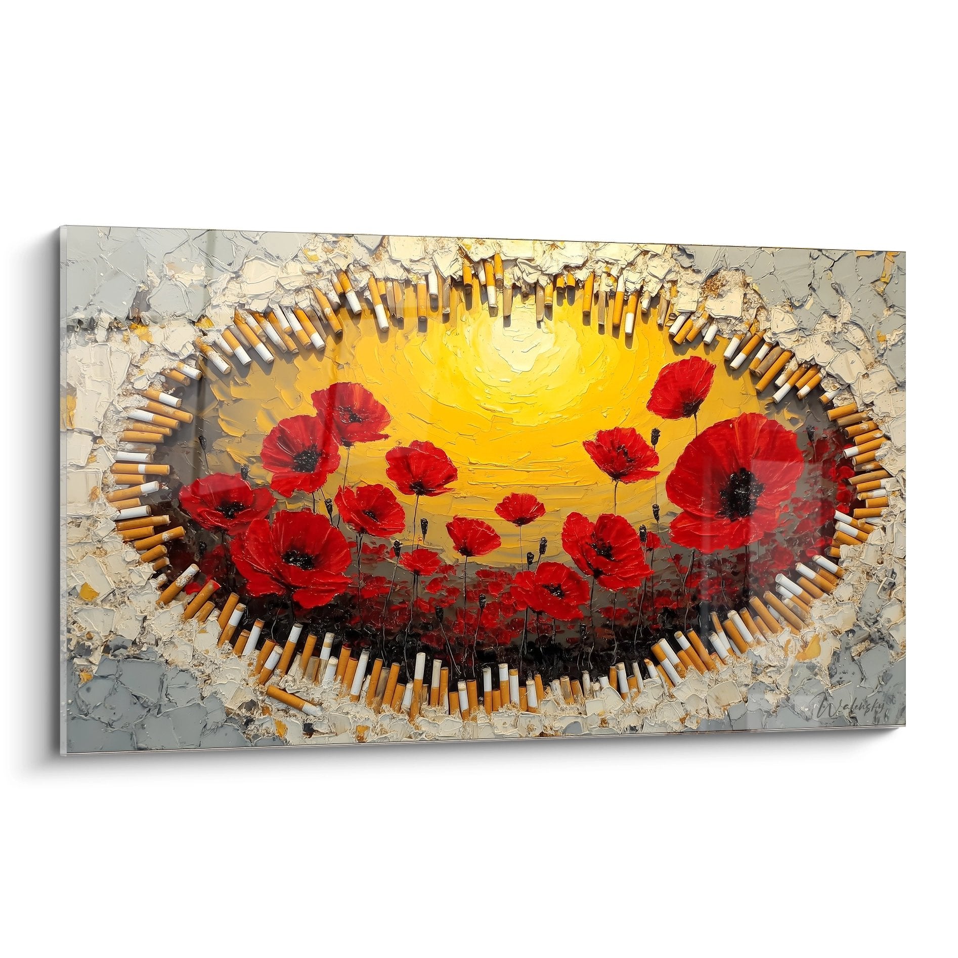 Tableau coquelicots rouges dans ecrin dore perce dans mur fissure texture relief artistique