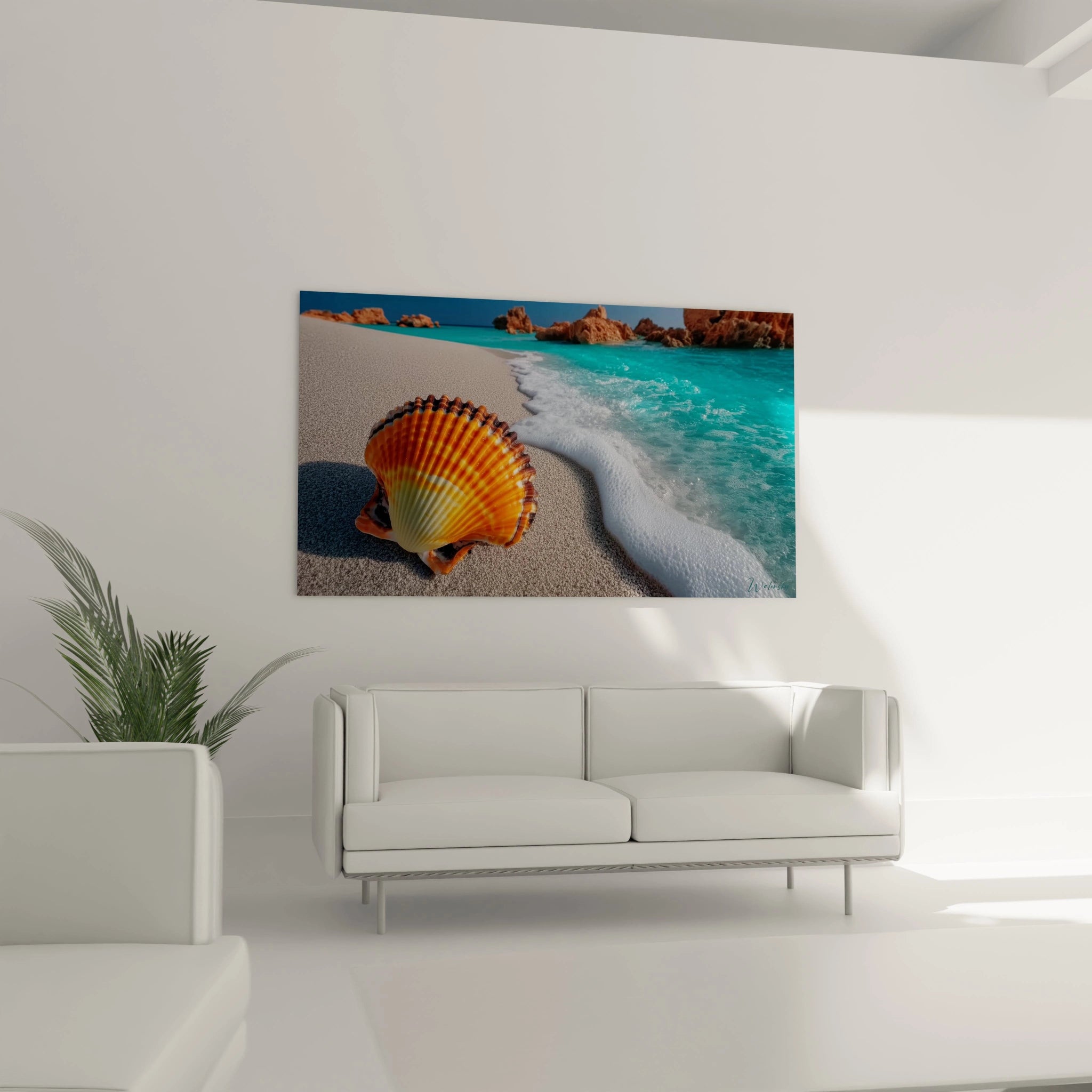 tableau coquillage décoration murale Walensky montrant une grande coquille orange sur plage et mer turquoise