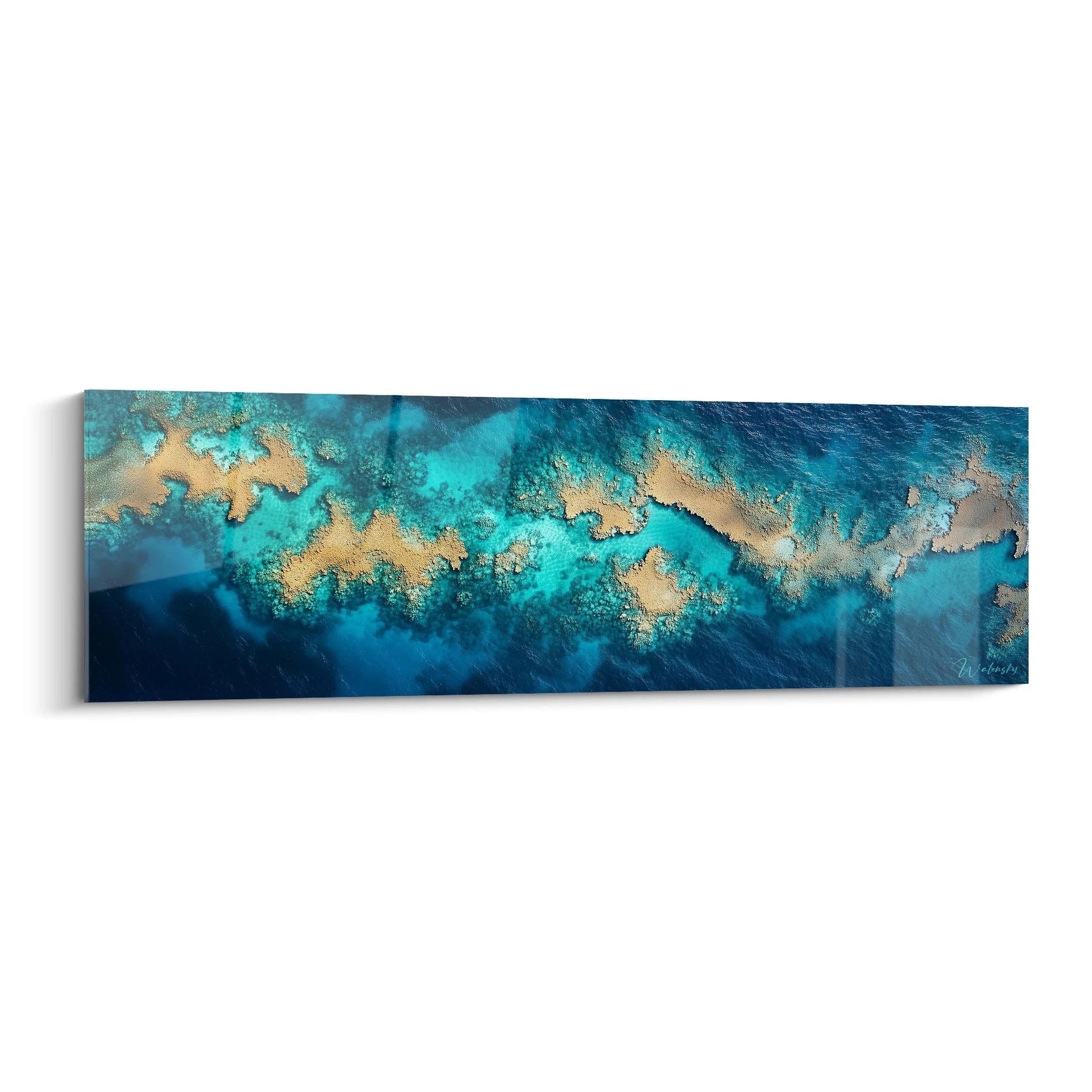 Tableau plage aérienne représentant une vue surplombante de récifs coralliens et bancs de sable dorés contrastant avec différentes nuances d'eau turquoise et bleu profond, créant un motif organique naturel aux textures variées.