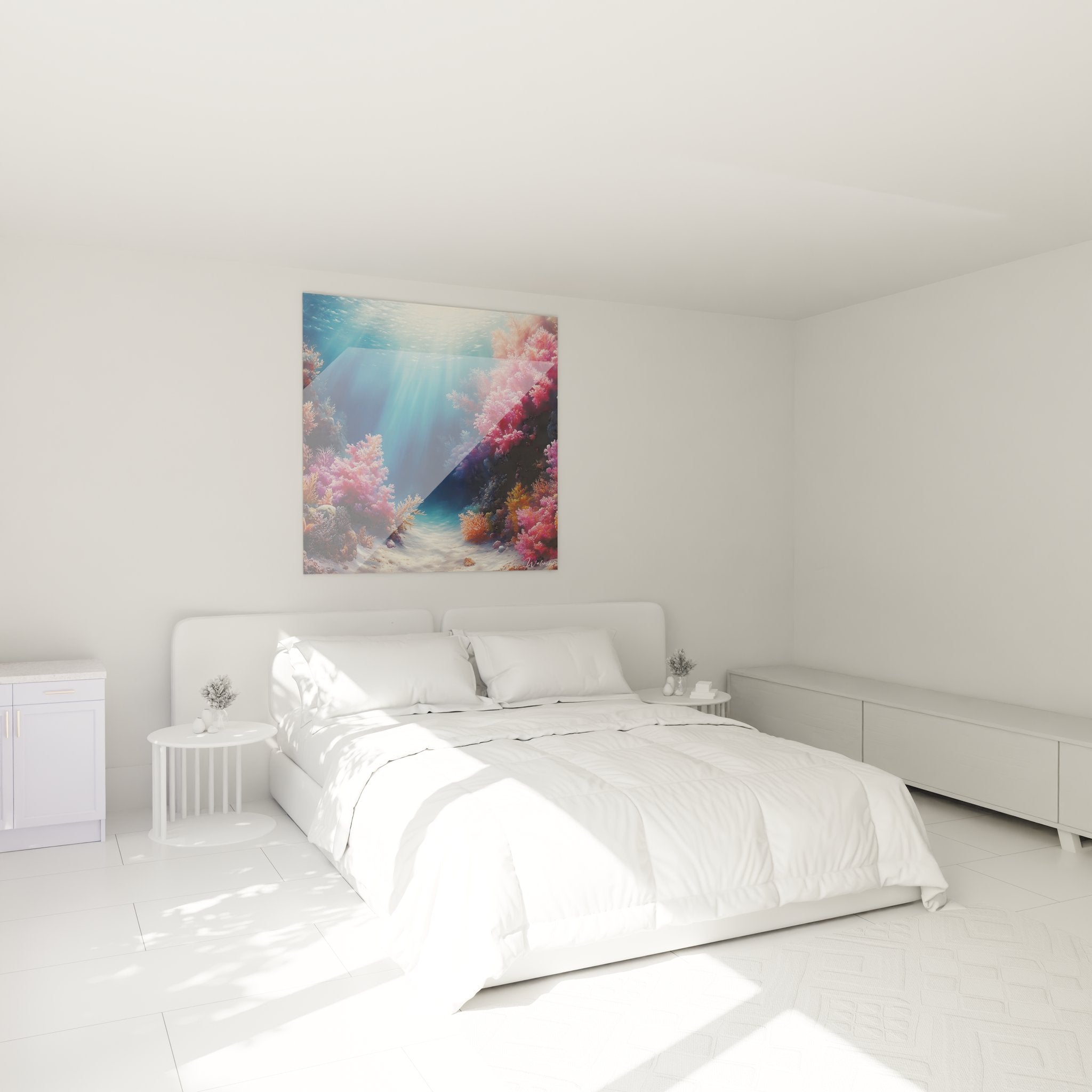 Tableau récif corallien rose installé dans chambre moderne avec décoration marine apaisante