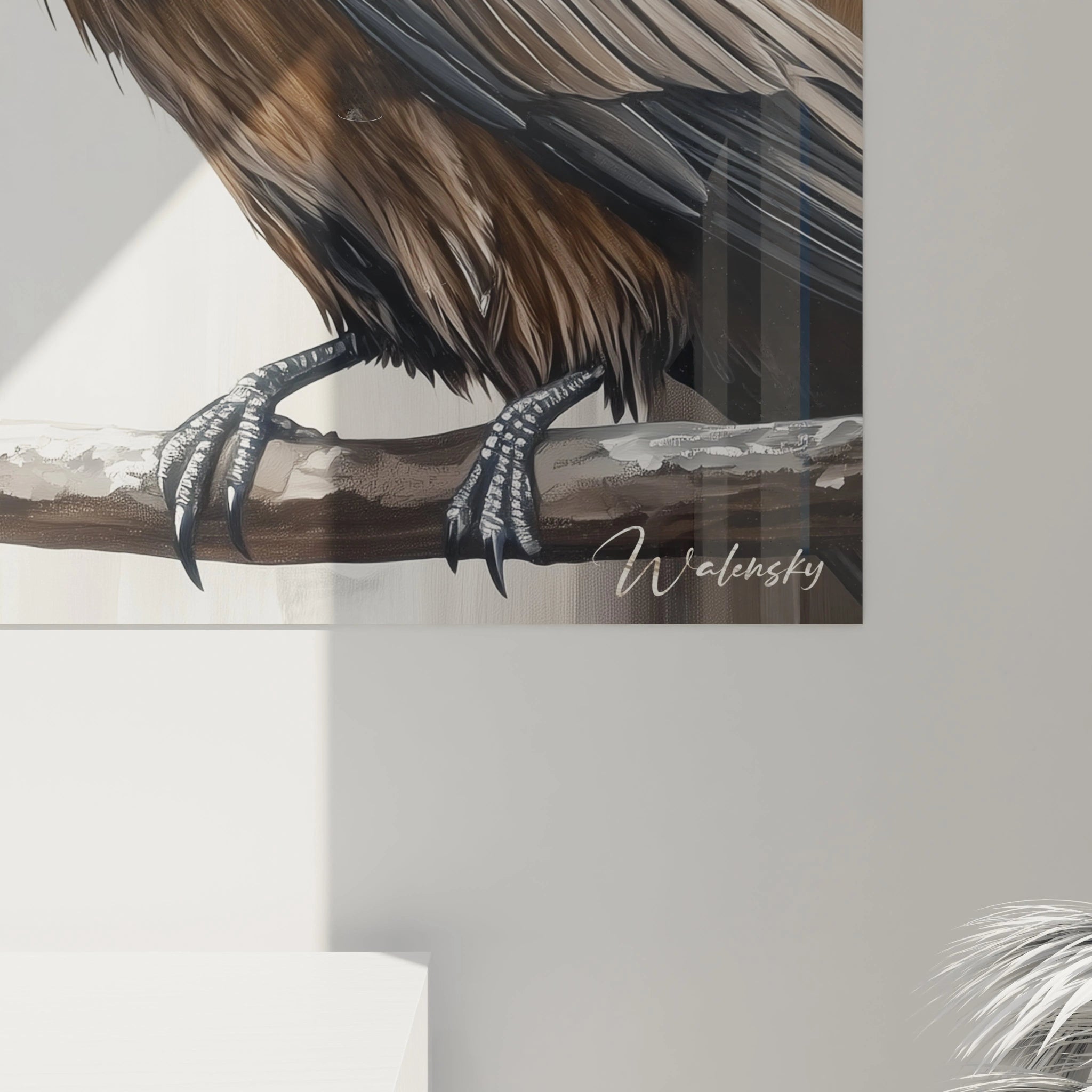 Tableau d'un corbeau sur une branche, œuvre de Walensky, avec des détails réalistes