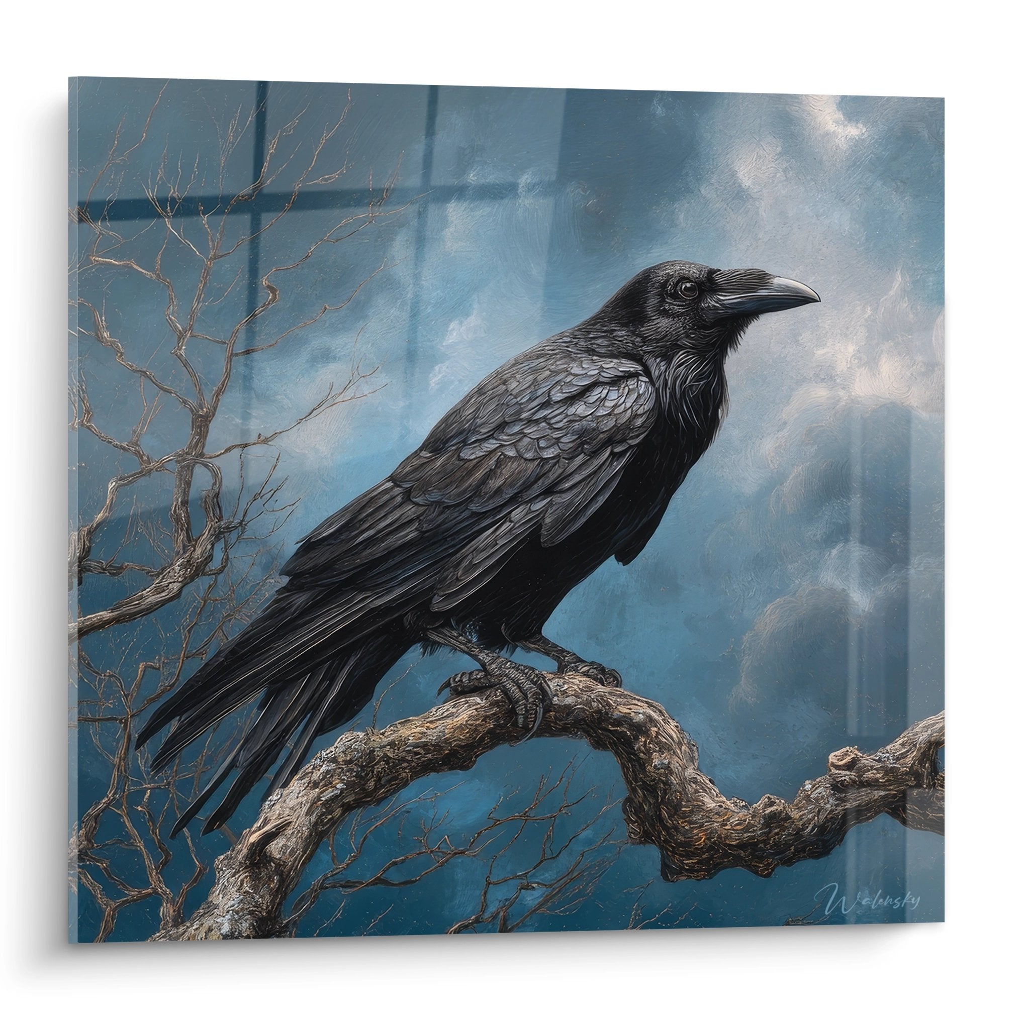 Tableau mural corbeau noir perché sur branche morte avec ciel orageux en arrière-plan