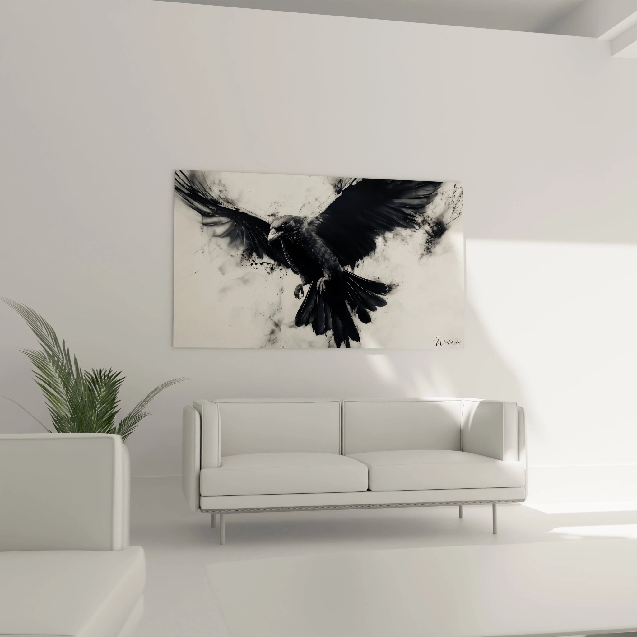 Un tableau artistique représentant un corbeau aux ailes étendues sur fond blanc texturé. Les tons noir, blanc et gris dominent la composition, avec un rendu réaliste du plumage et des effets d'éclaboussure créant une dimension éthérée.