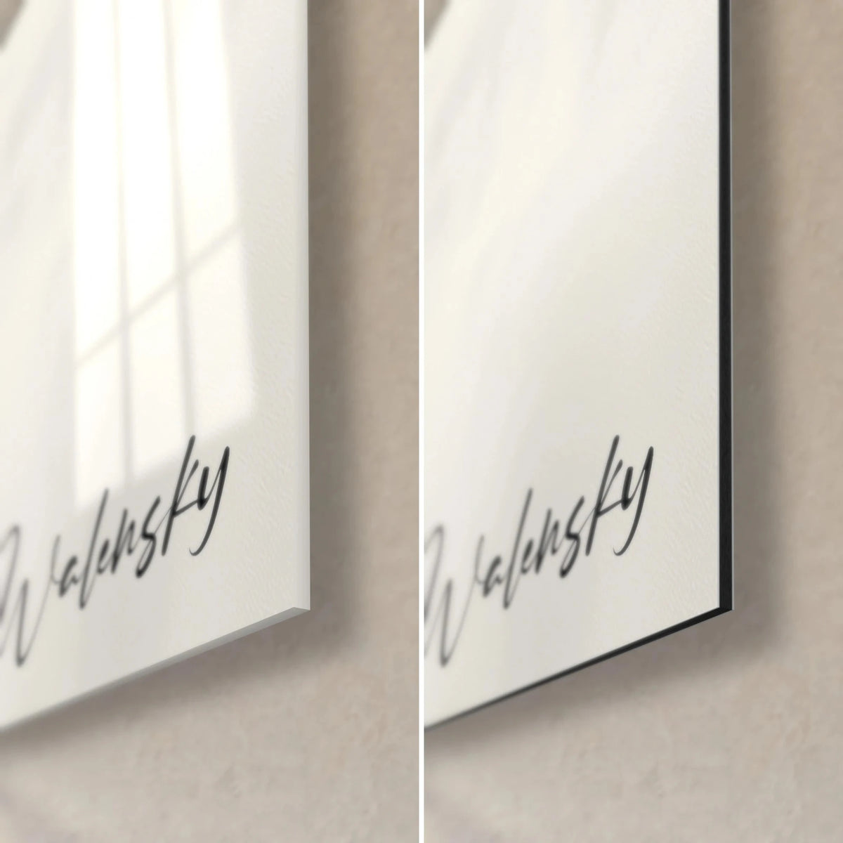 Cuadro cuervo en vuelo, esquina inferior derecha: cristal acrílico brillante a la izquierda, aluminio Dibond negro mate a la derecha, firma Walensky