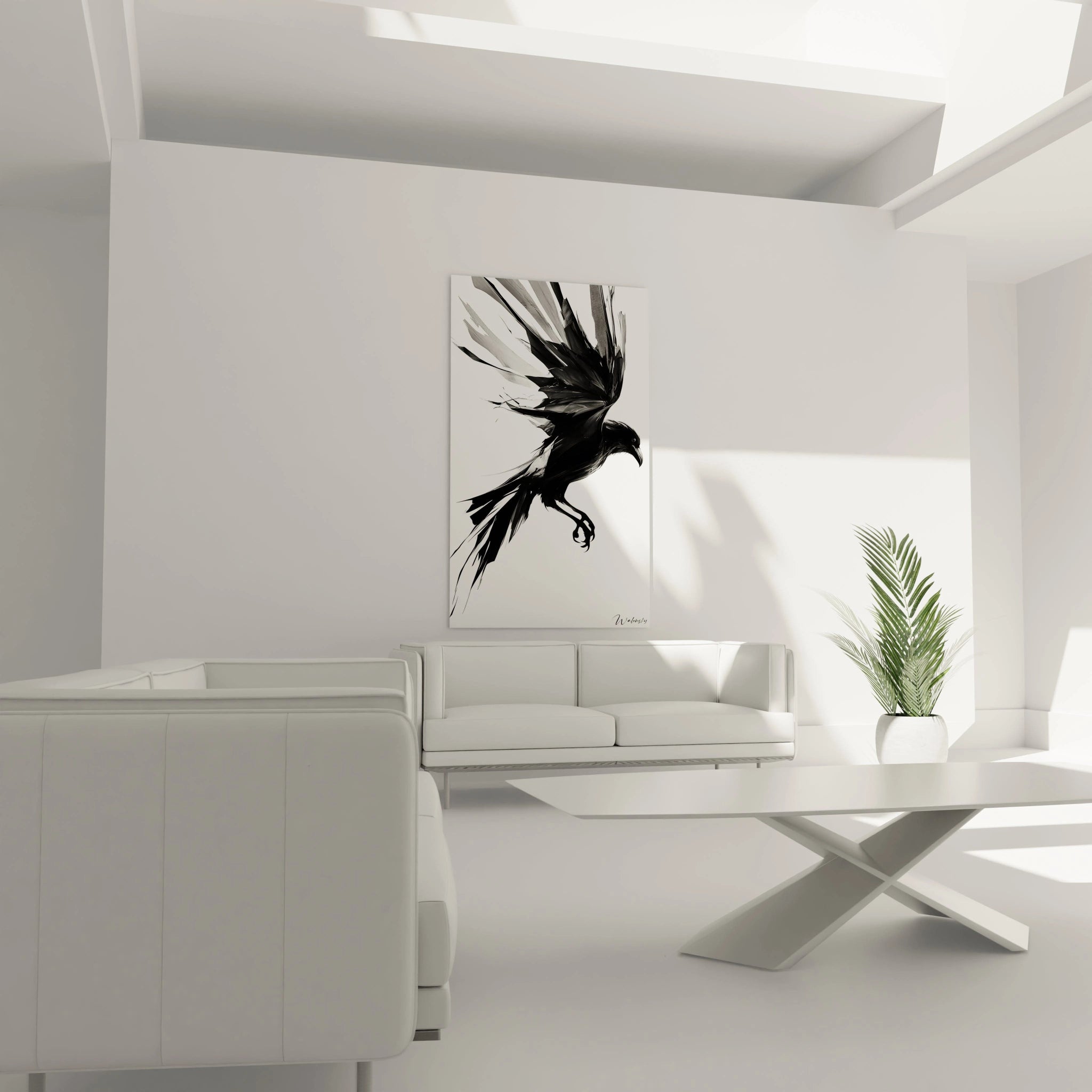 Un tableau corbeau expressif capturant un oiseau noir en vol dynamique. Traits graphiques précis définissant les plumes et le bec incurvé, palette restreinte noir, blanc et gris, avec effets de transparence et superposition de lignes créant profondeur et mouvement.