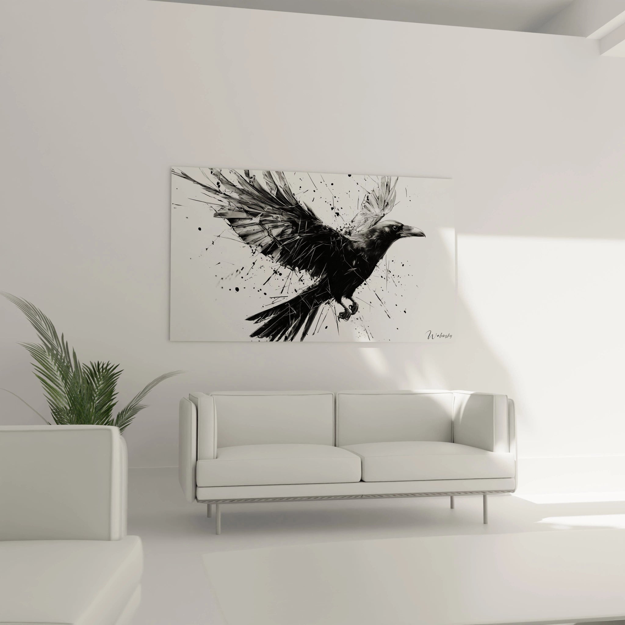 Un tableau corbeau au style contemporain montrant l'animal en vol diagonal. Le traitement graphique noir et blanc crée un contraste saisissant, avec des éclaboussures d'encre qui prolongent et dissolvent les plumes dans l'espace.