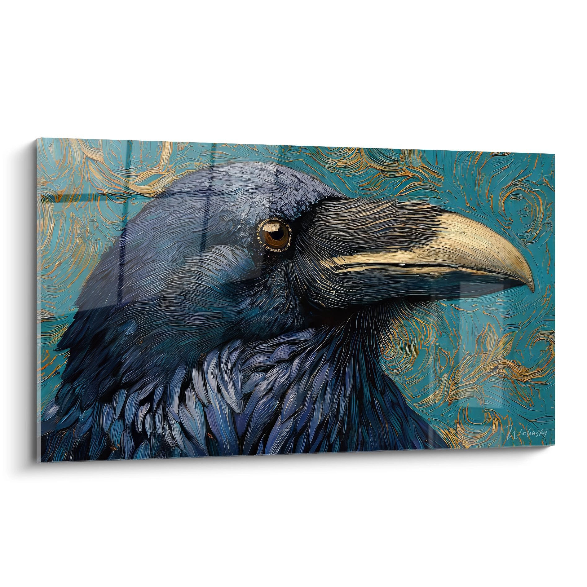 Tableau mural corbeau portrait impressionniste aux reflets bleus et fond tourbillonnant doré