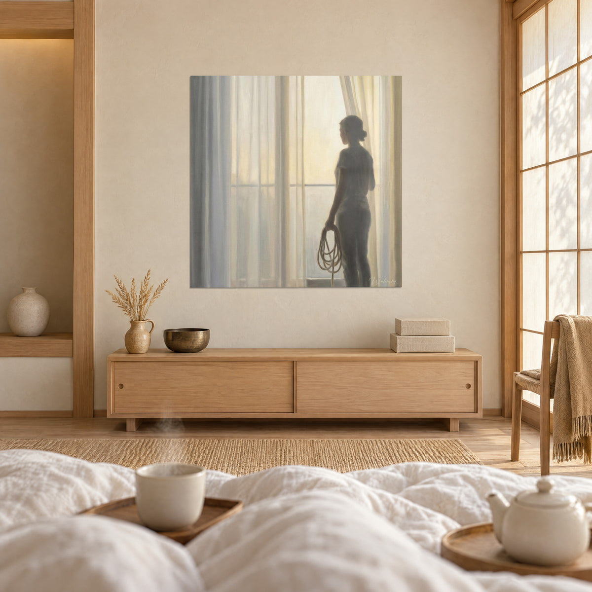 Cuadro contraluz matinal de una mujer con la comba, visillos crema y gris azulado, manta blanca, sobre una cama en un dormitorio luminoso