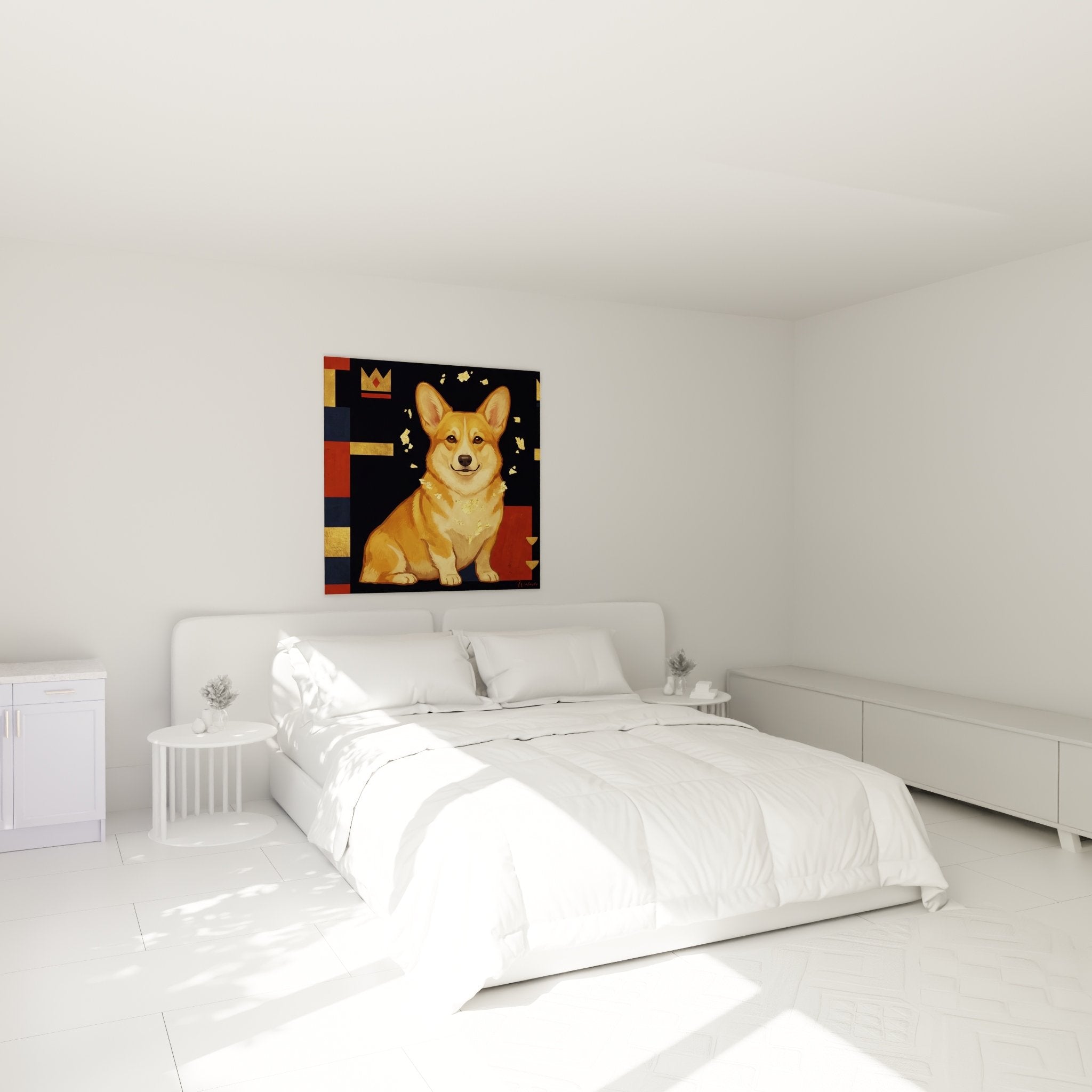 Corgi-Gemälde in Gold mit geometrischen Formen in modernem Schlafzimmer mit neutralen Tönen ausgestellt