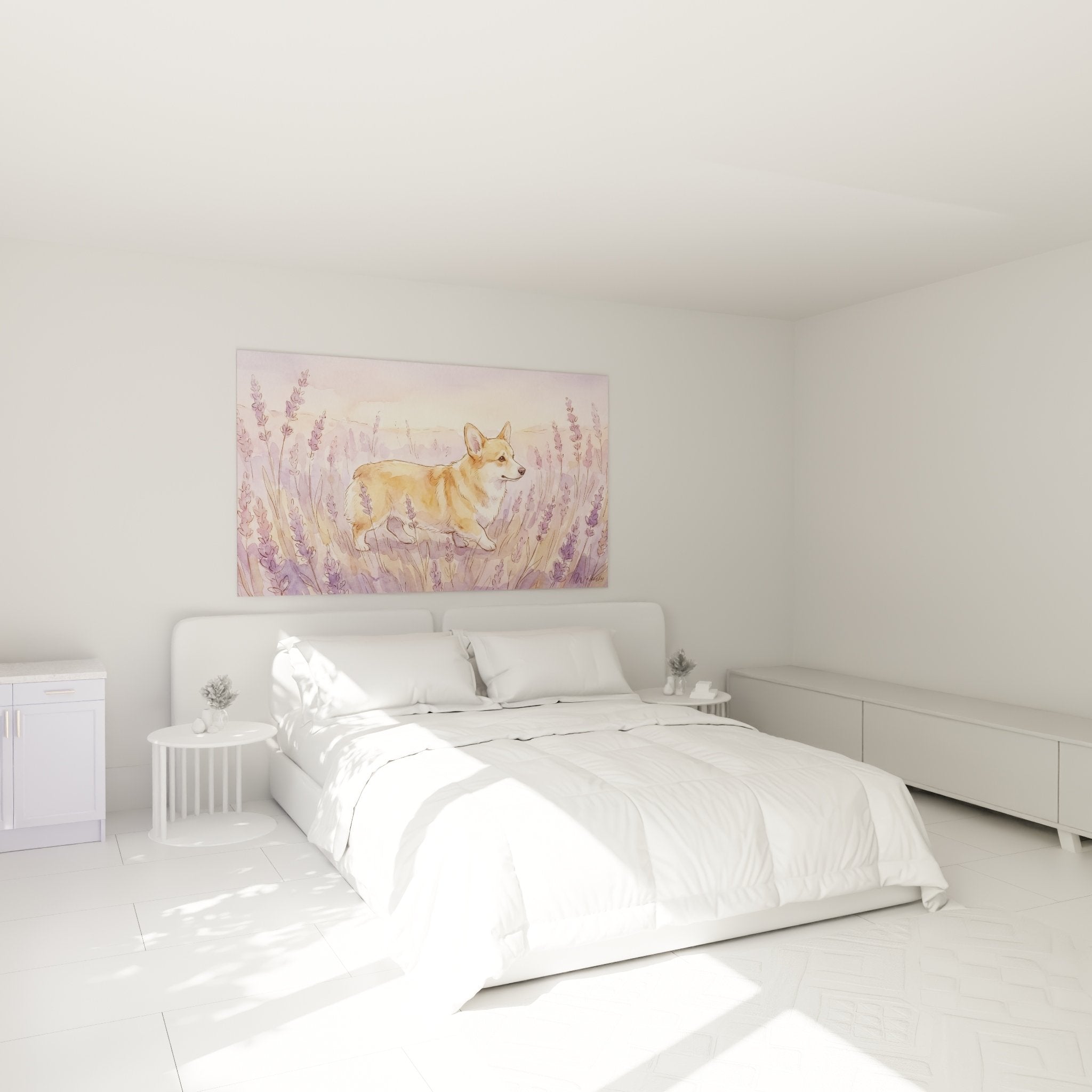Wanddekoration Corgi lavendel violett Schlafzimmer-Atmosphäre gemütliche Töne sanfte Farben