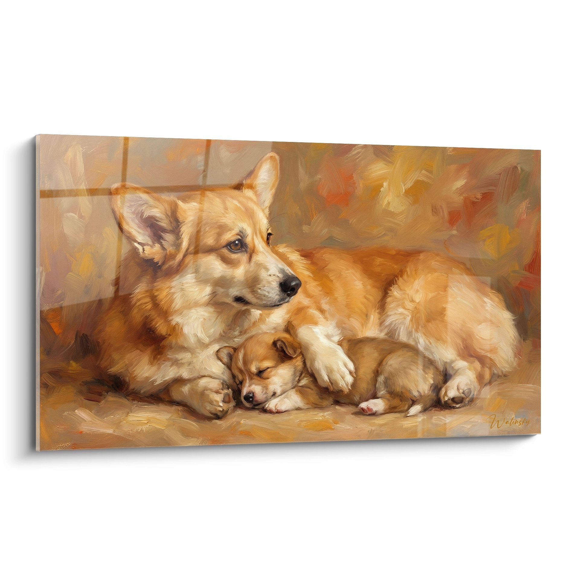 Tableau chienne Corgi roux protégeant tendrement son chiot endormi, tons dorés chauds, scène maternelle touchante