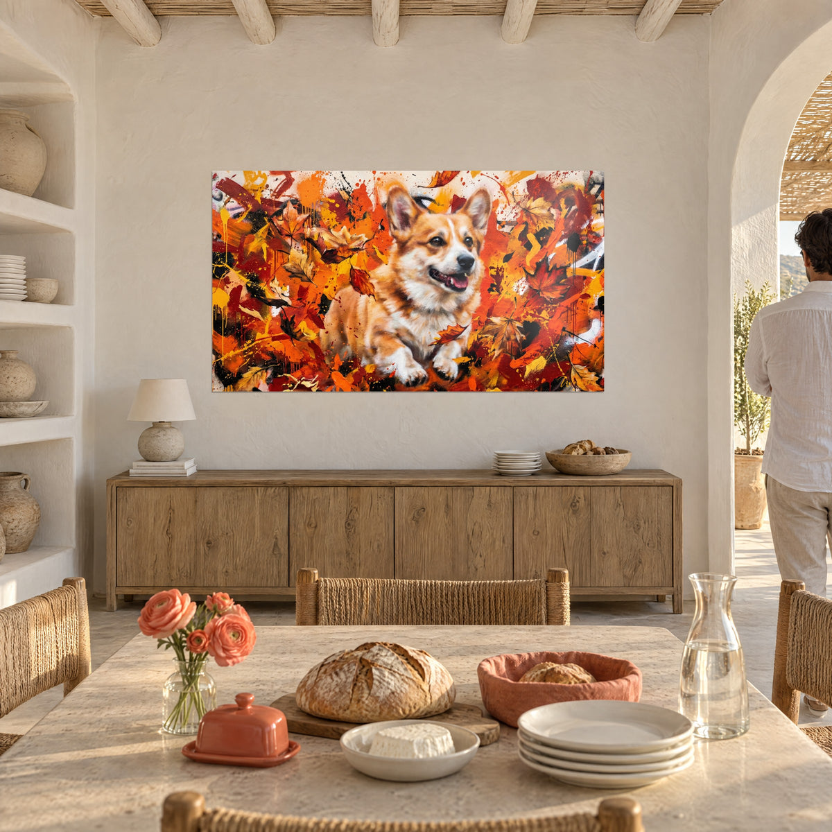 Πίνακας αναπηδώντος corgi pembroke μέσα σε δίνη κεχριμπαρένιων και καρμίνιων φύλλων, λευκασμένος τοίχος, ξύλινο μπουφέ και καμαροτή αψίδα