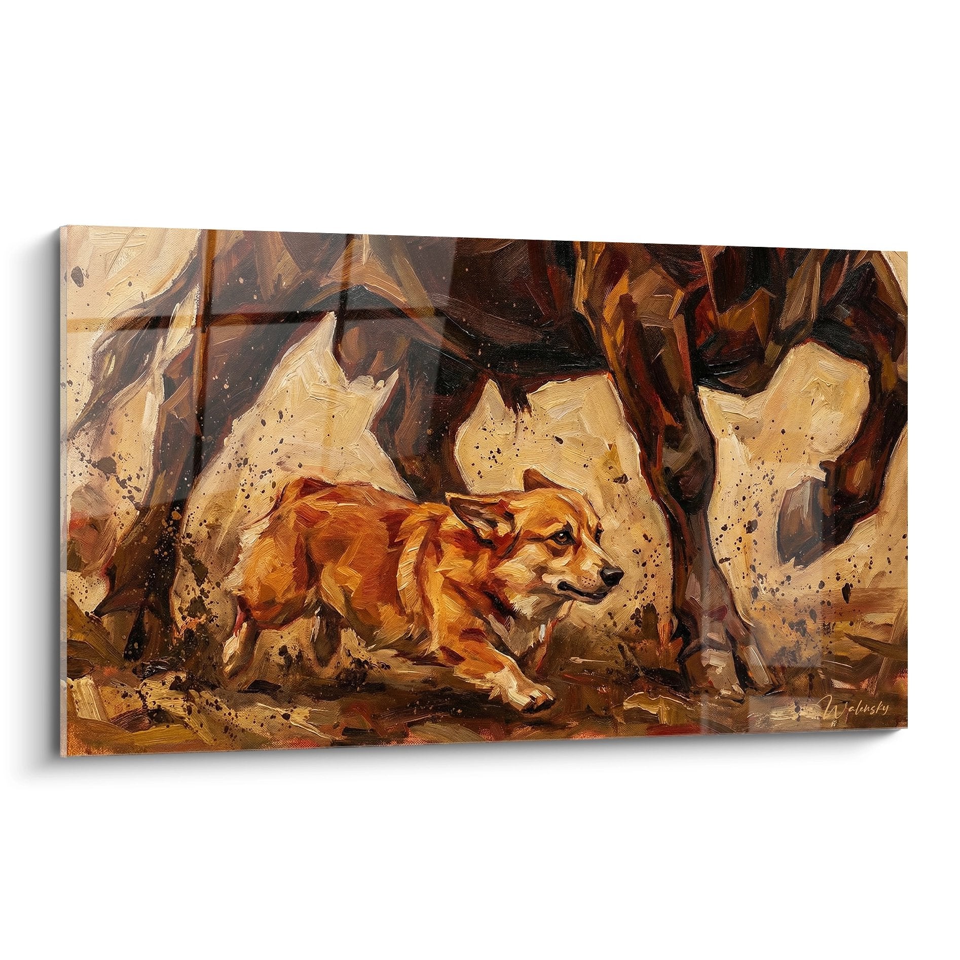 Tableau d'un Corgi Pembroke roux dans une caverne rocheuse aux tons dorés - Edition Corgi Pembroke