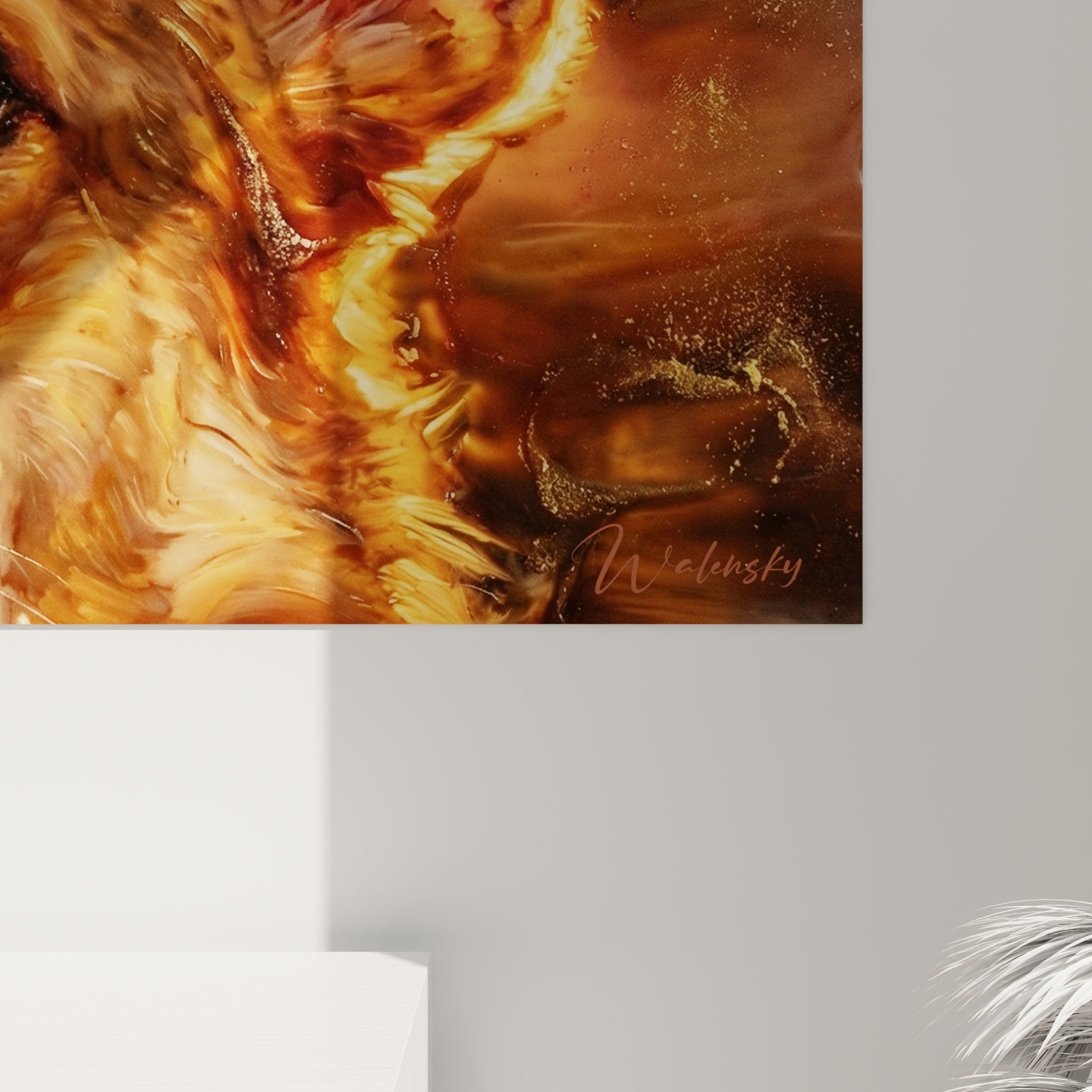 Übersichtsansicht des Corgi-Gemäldes mit kupferfarbenen Ohren in einem hellen, zeitgenössischen Interieur