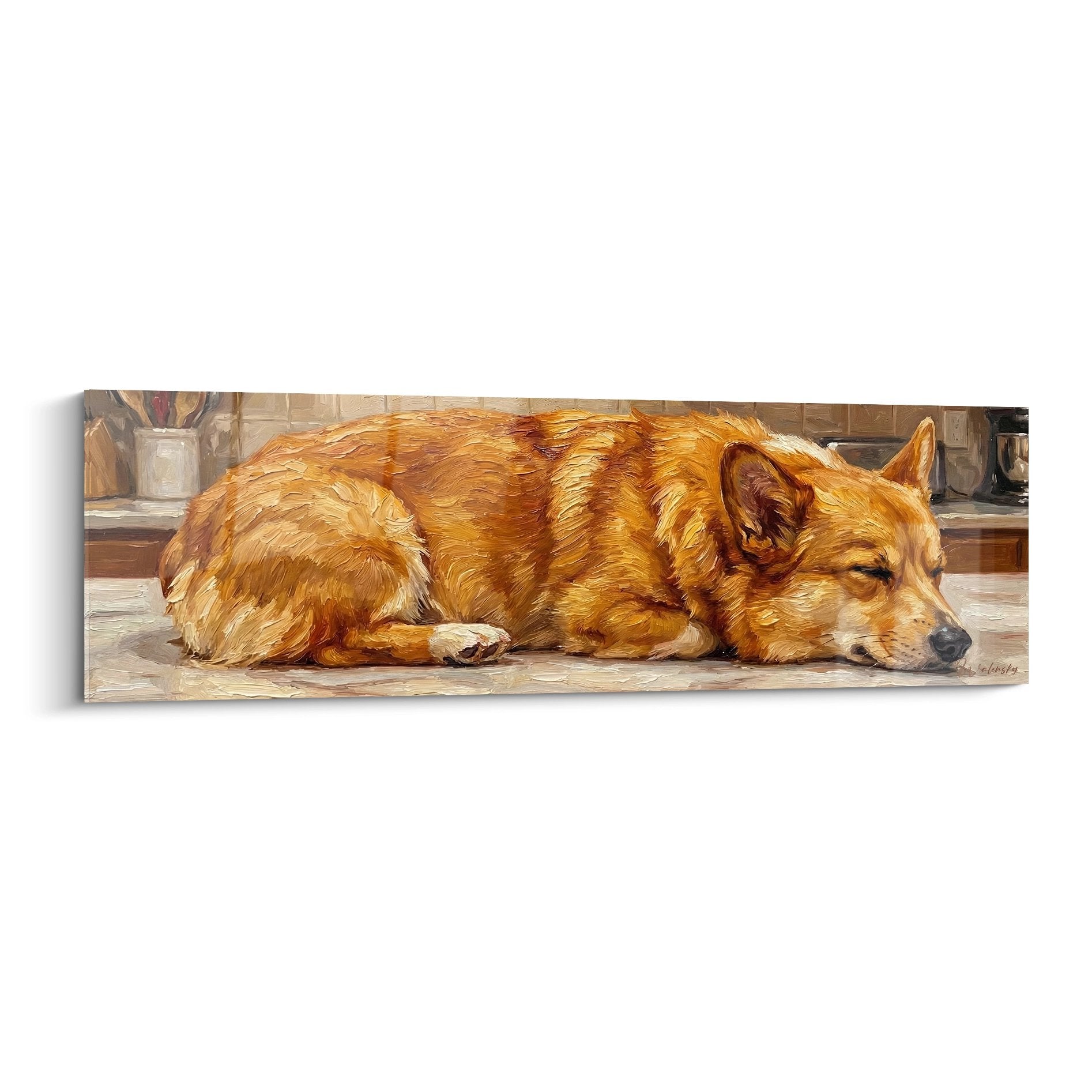 Tableau d'un Corgi Pembroke roux endormi sur carrelage beige dans une cuisine traditionnelle aux tons chauds