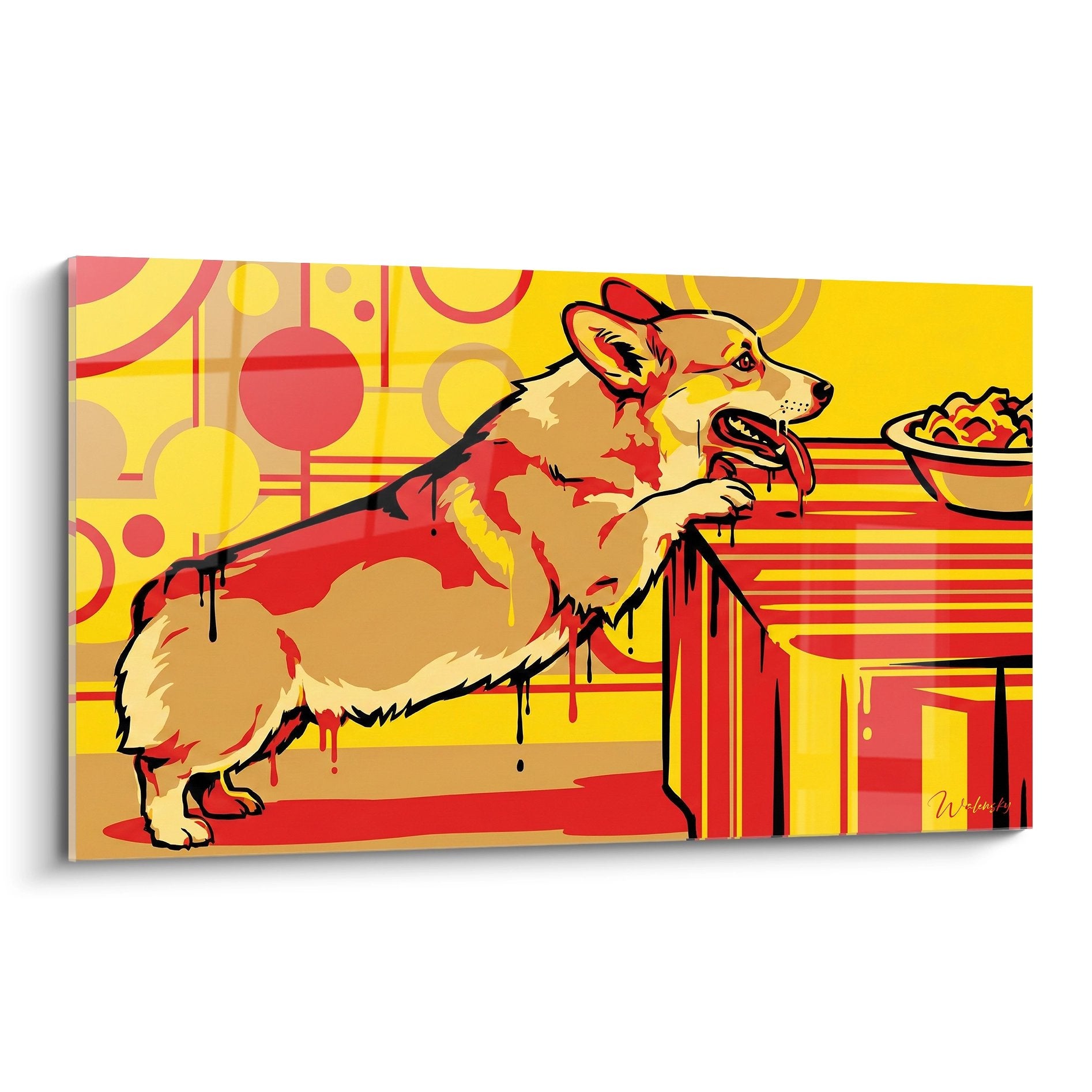 Tableau pop art Corgi Pembroke roux assis à table avec décor jaune et rouge style bande dessinée moderne