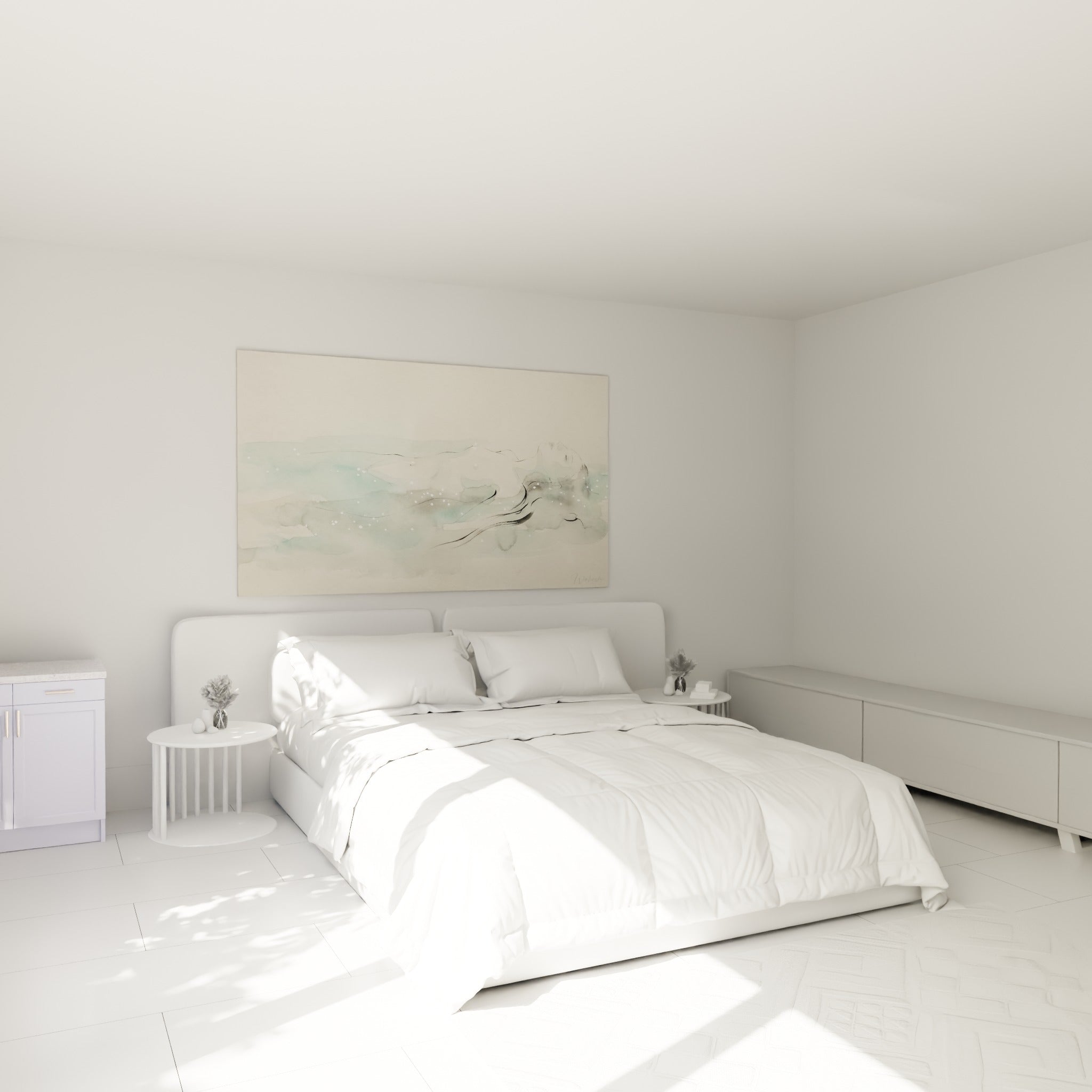 Corps allongé aux nuances gris perle et vert d'eau, tableau corps abstrait au-dessus d'un lit dans une chambre claire