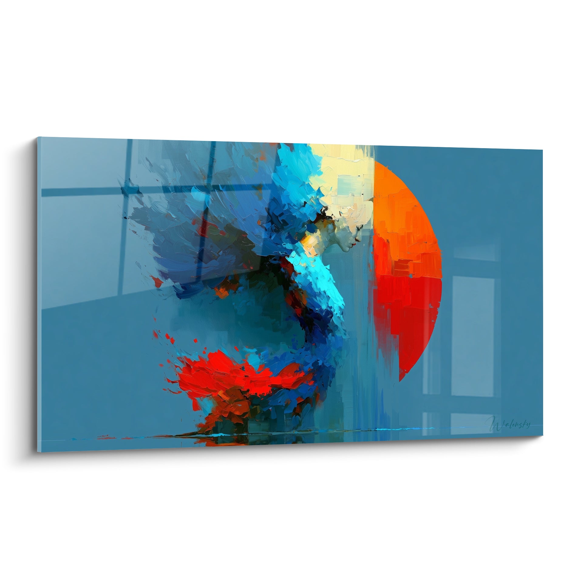 Silhouette bleu marine et turquoise face à un disque orange et rouge, matière peinte au couteau