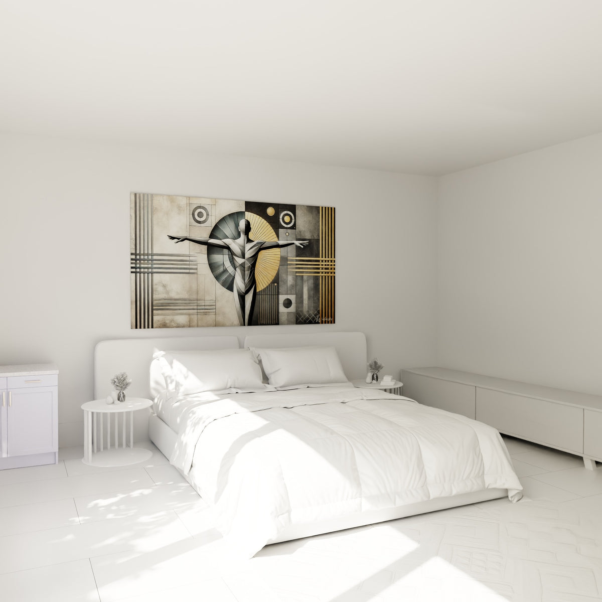 Silhouette dorée et anthracite bras déployés au-dessus d'un lit dans une chambre claire, tableau Corps abstrait