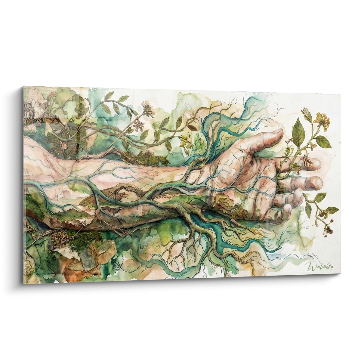 Bras humain fusionné à des racines vertes et turquoise, aquarelle délicate sur fond beige clair