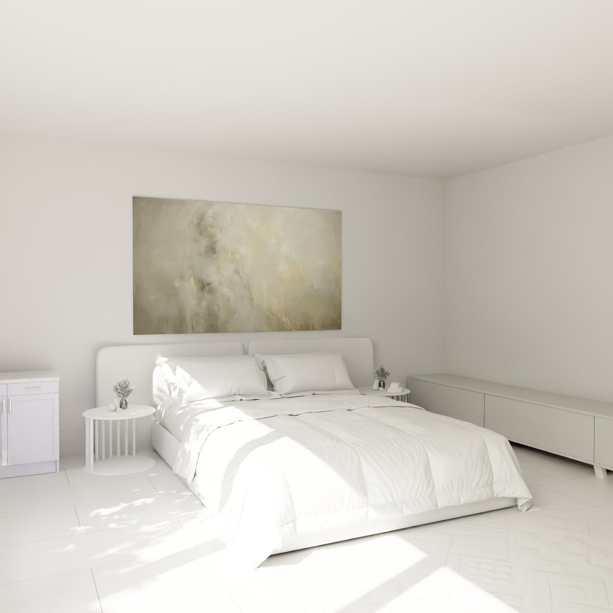 Corps abstrait aux teintes grises et dorées suspendu au-dessus d'un lit dans une chambre claire