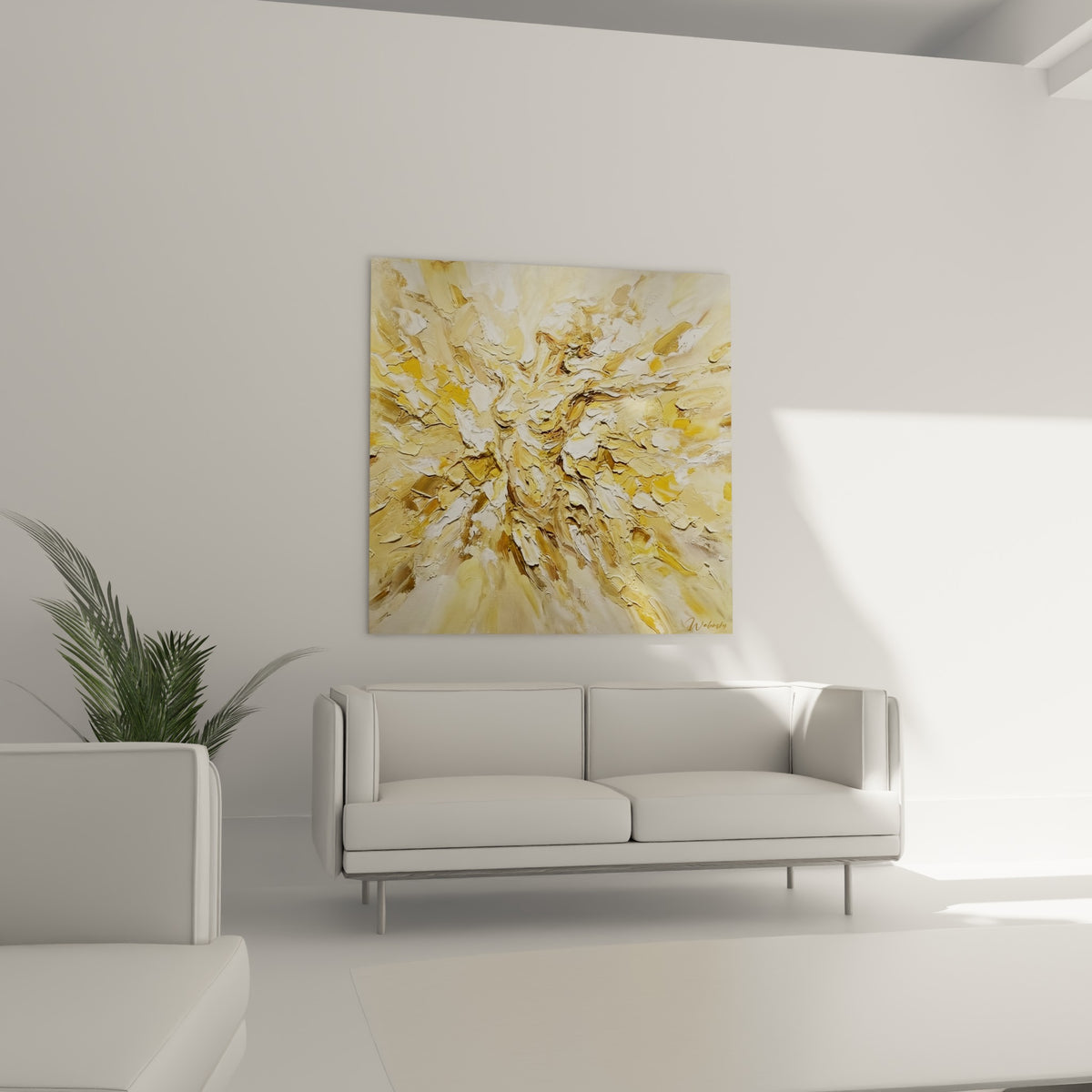 Camaïeu jaune miel et blanc en textures épaisses, tableau corps abstrait au-dessus d'un canapé dans un salon lumineux