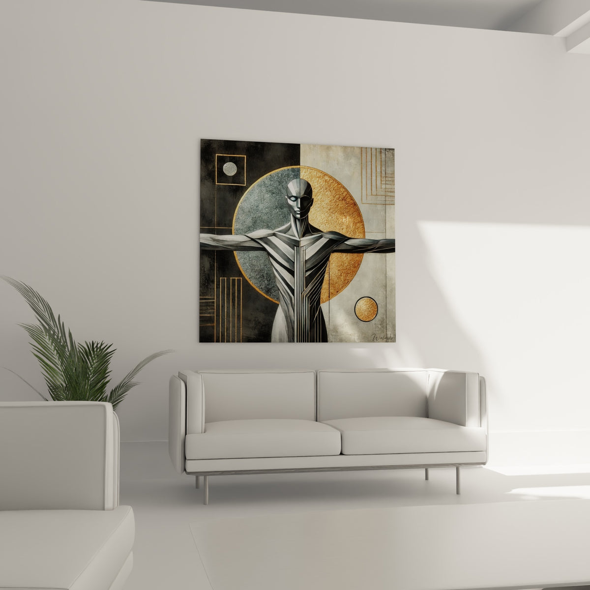 Corps abstrait doré et anthracite aux cercles graphiques, au-dessus d'un canapé dans un salon lumineux