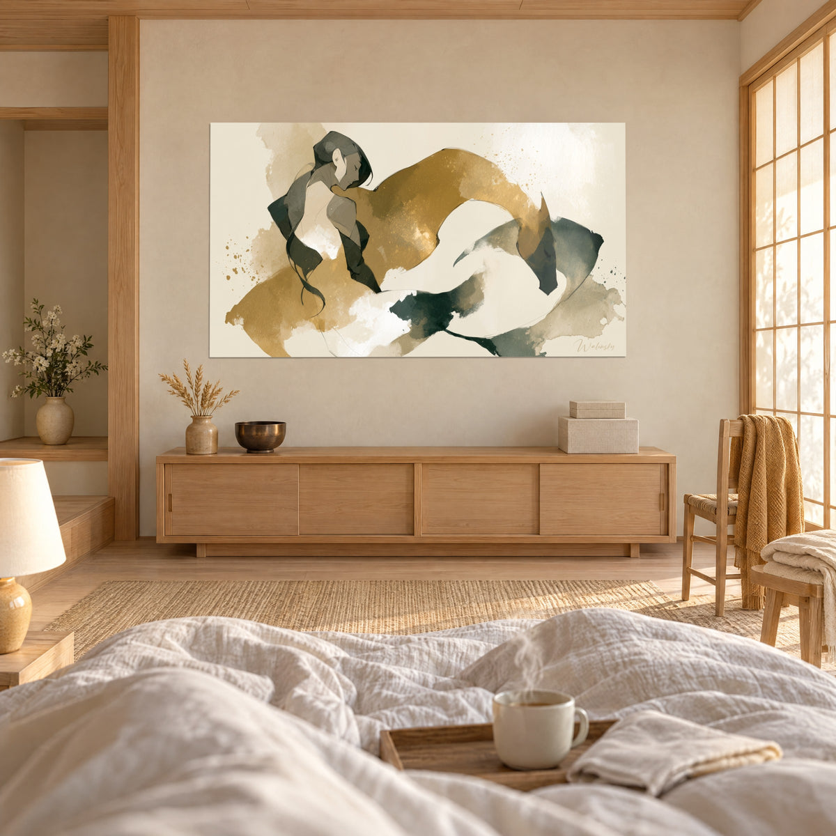 Wall art stylized body with golden curves and dark green charcoal, cream splashes, in a light wood room, above a bed in a bright bedroom