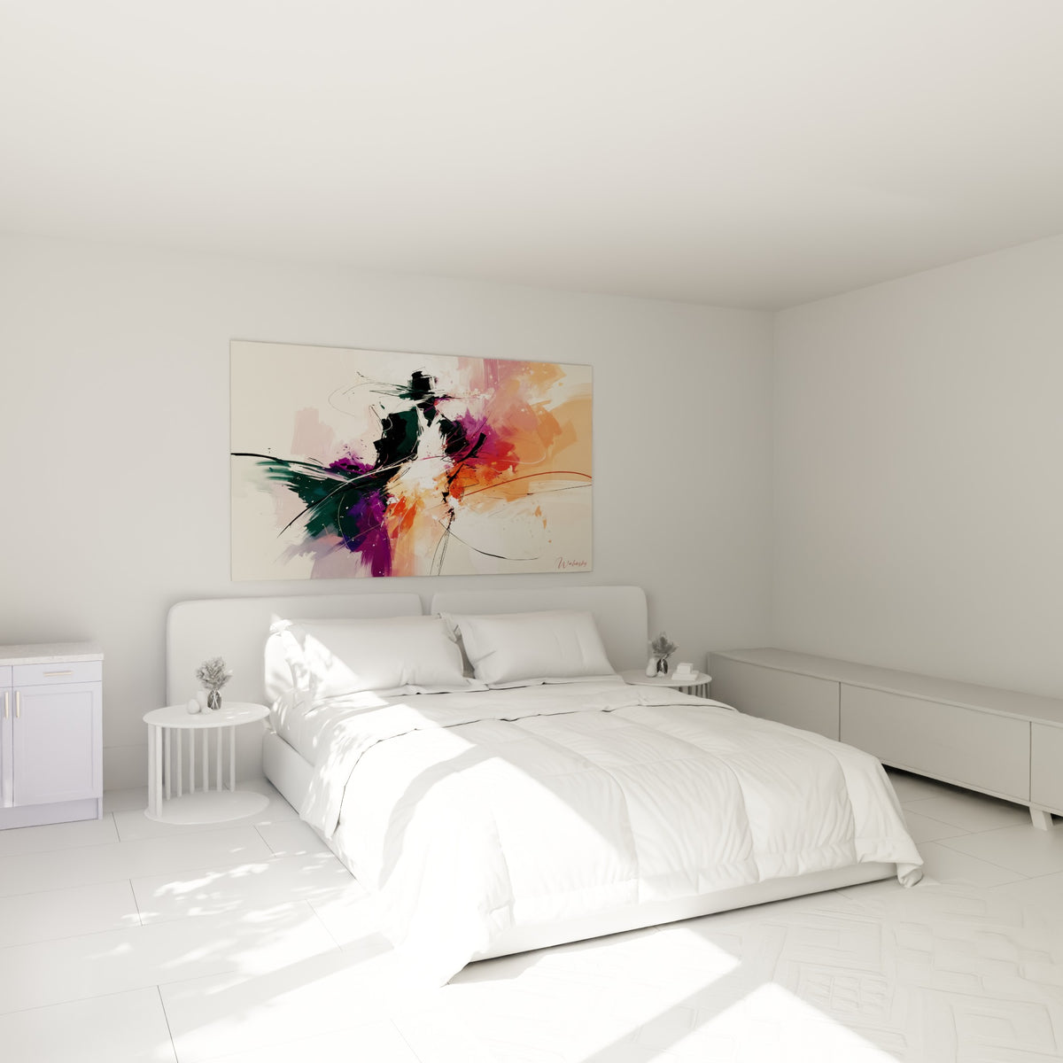Corps abstrait aux teintes vert profond et corail, mouvement gestuel accroché au-dessus d'un lit dans une chambre claire
