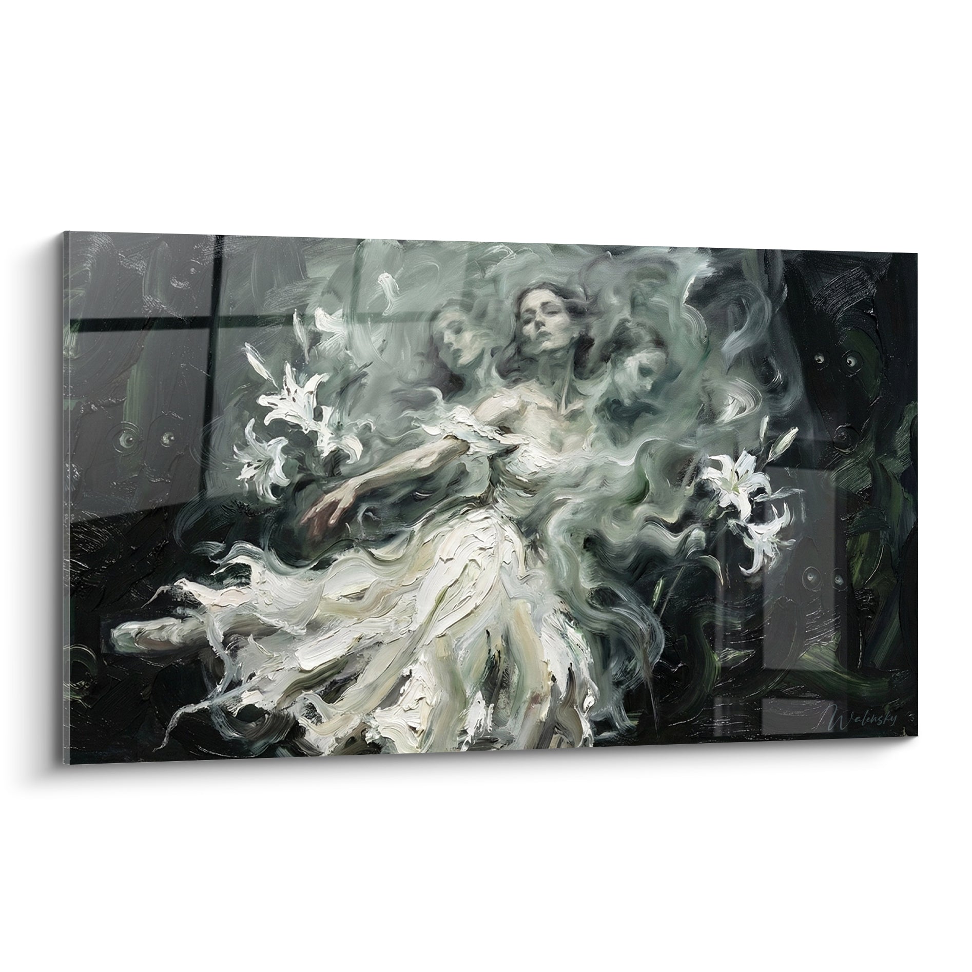 Danseuse en robe blanche cernée de fumée vert sauge, tableau corps abstrait aux visages superposés