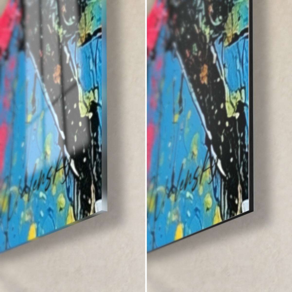 Tableau danseuses aux silhouettes noires, coulures bleu ciel et taches jaunes, coin bas droit, verre brillant et Dibond mat