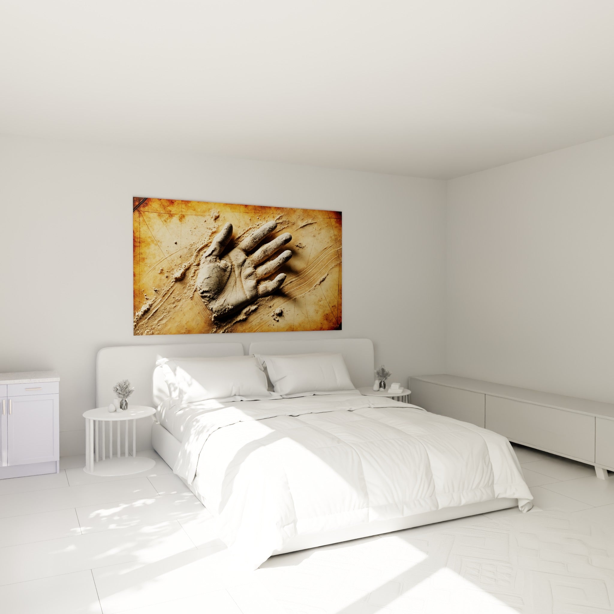 Empreinte de main en sable ocre et brun terreux, au-dessus d'un lit dans une chambre claire