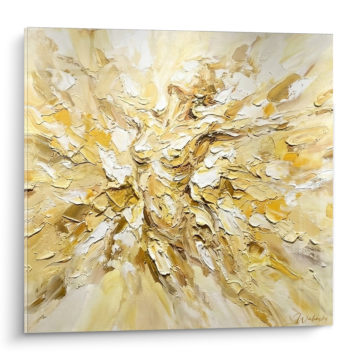 Explosion picturale dorée et blanc crème au couteau, empâtements épais évoquant un corps abstrait rayonnant