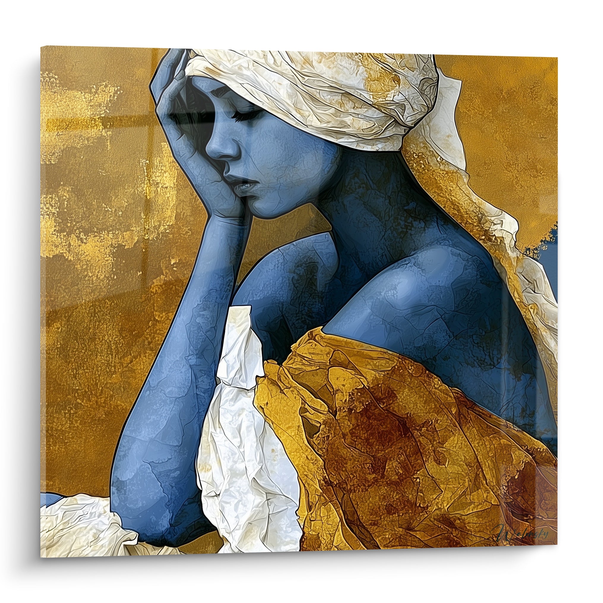 Silhouette bleu nuit au turban blanc et drapé doré, tableau corps abstrait sur fond ocre patiné