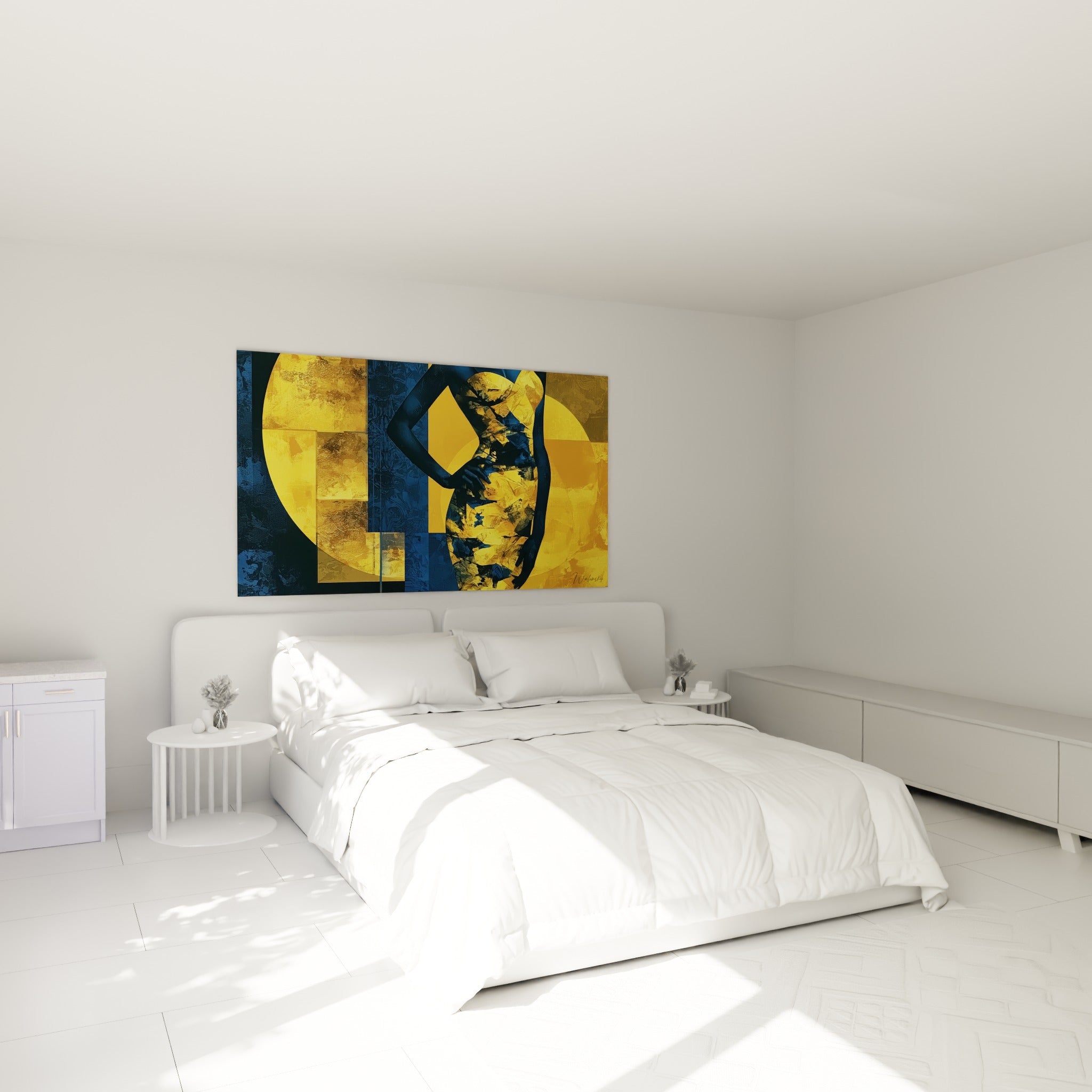 Femme stylisée du Corps abstrait, teintes bleu marine et dorées, au-dessus d'un lit dans une chambre claire