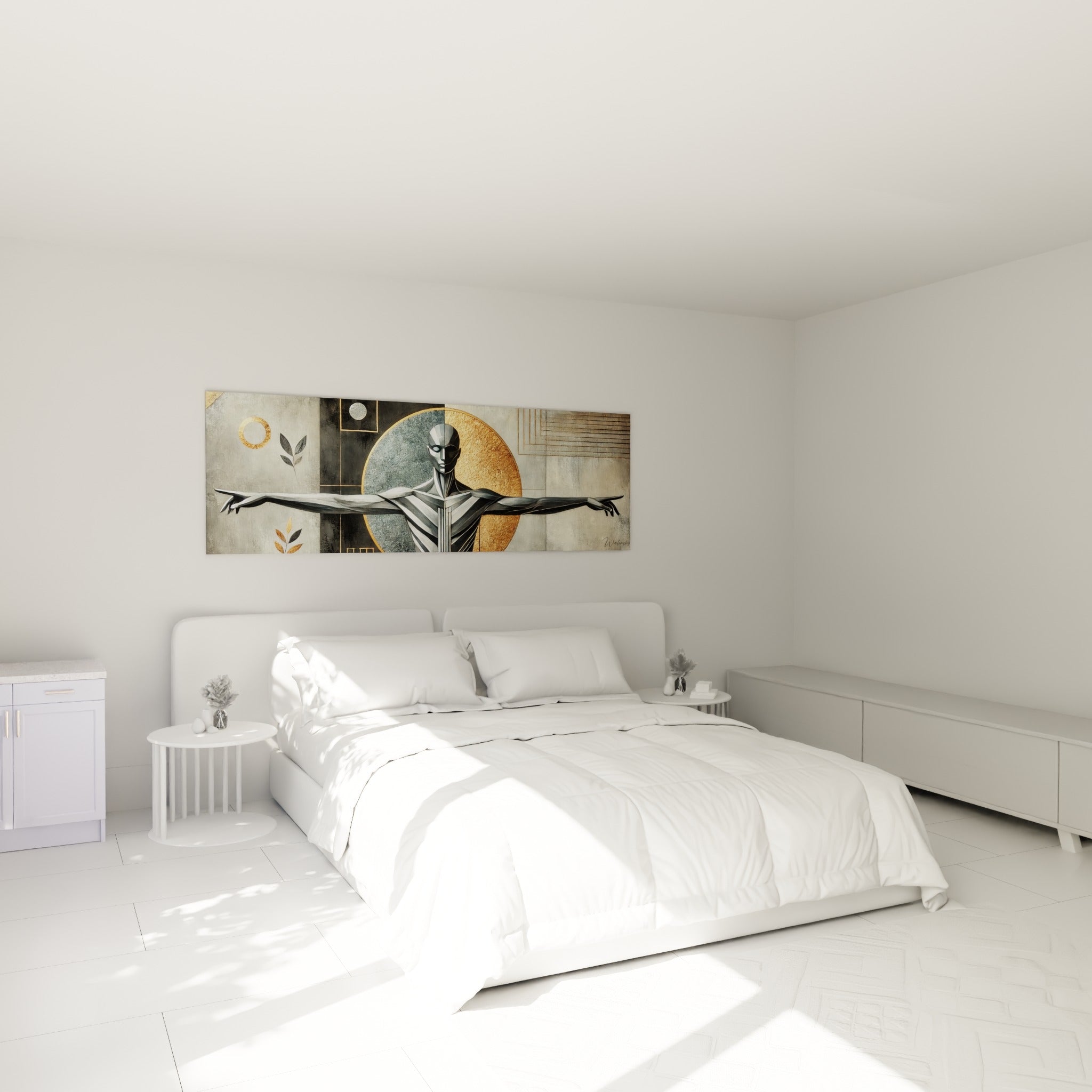 Silhouette dorée et anthracite bras tendus, corps abstrait au-dessus d'un lit dans une chambre claire