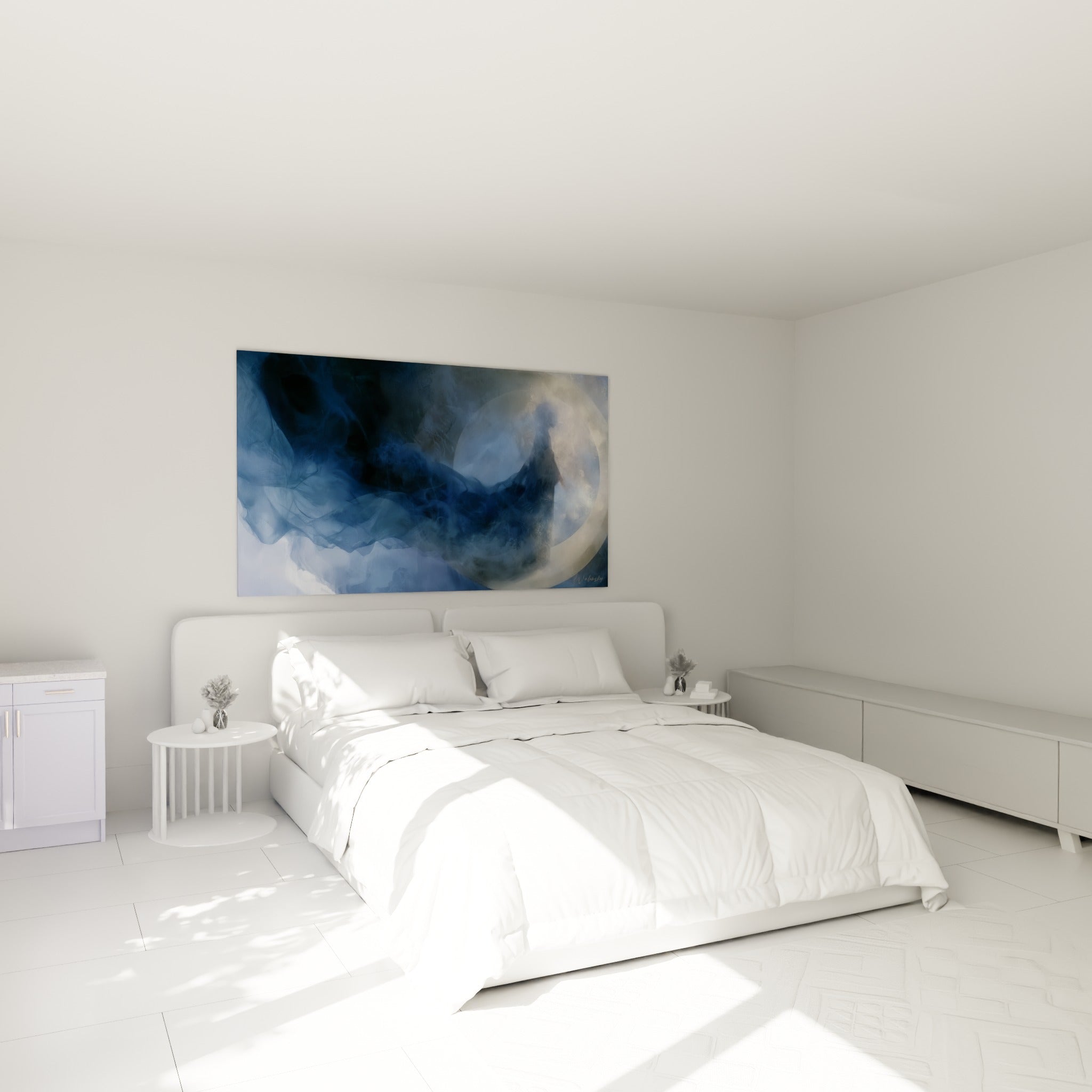 Silhouette vaporeuse bleu marine et dorée du Corps abstrait au-dessus d'un lit dans une chambre claire