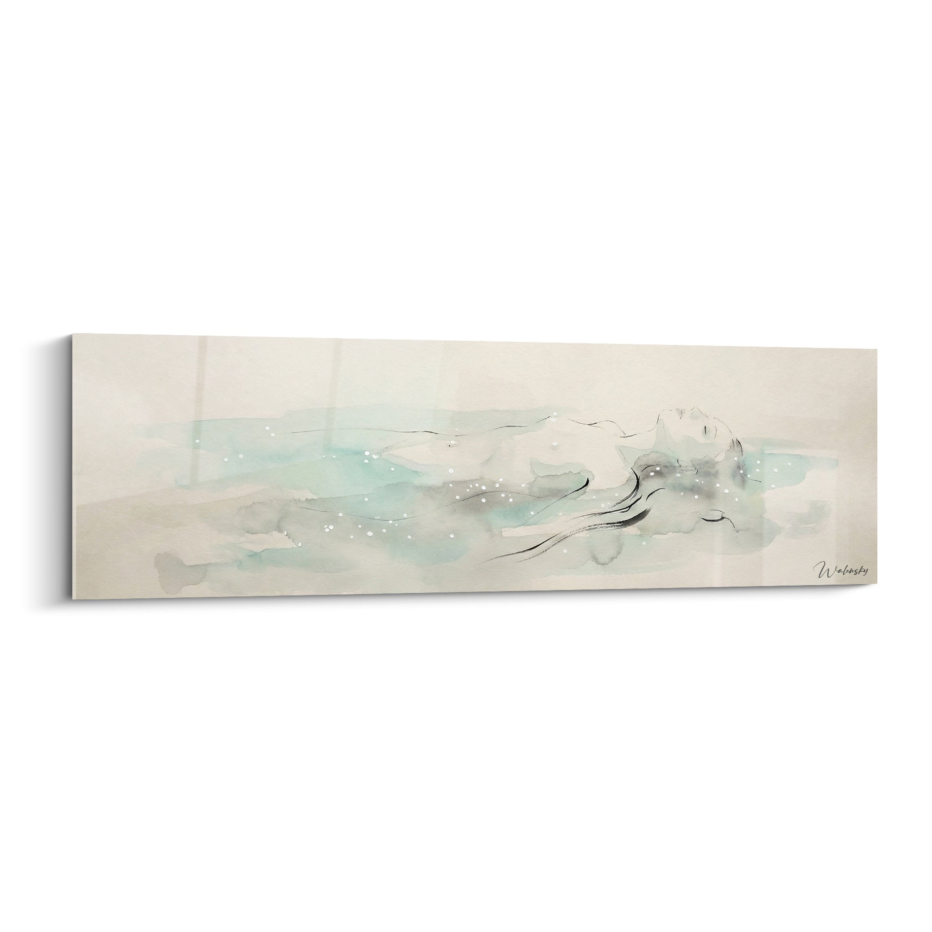 Corps abstrait allongé en aquarelle vert d'eau et beige, silhouette flottante tracée à l'encre fine